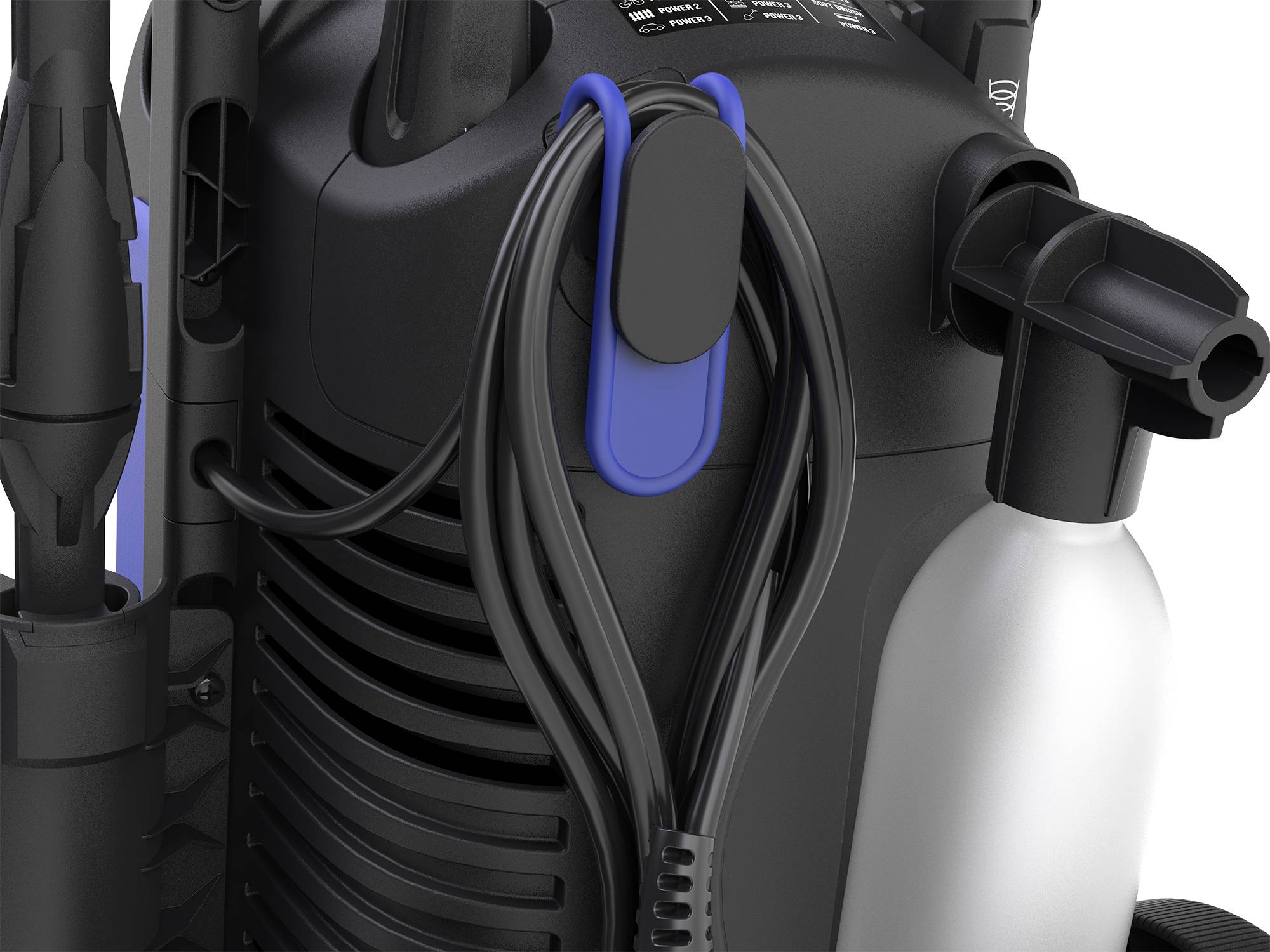 Elektrische Hochdruckreiniger-Rückseite mit Schlauchhalterung und abnehmbarer Flasche, zeigt das Gerät in Detailansicht.