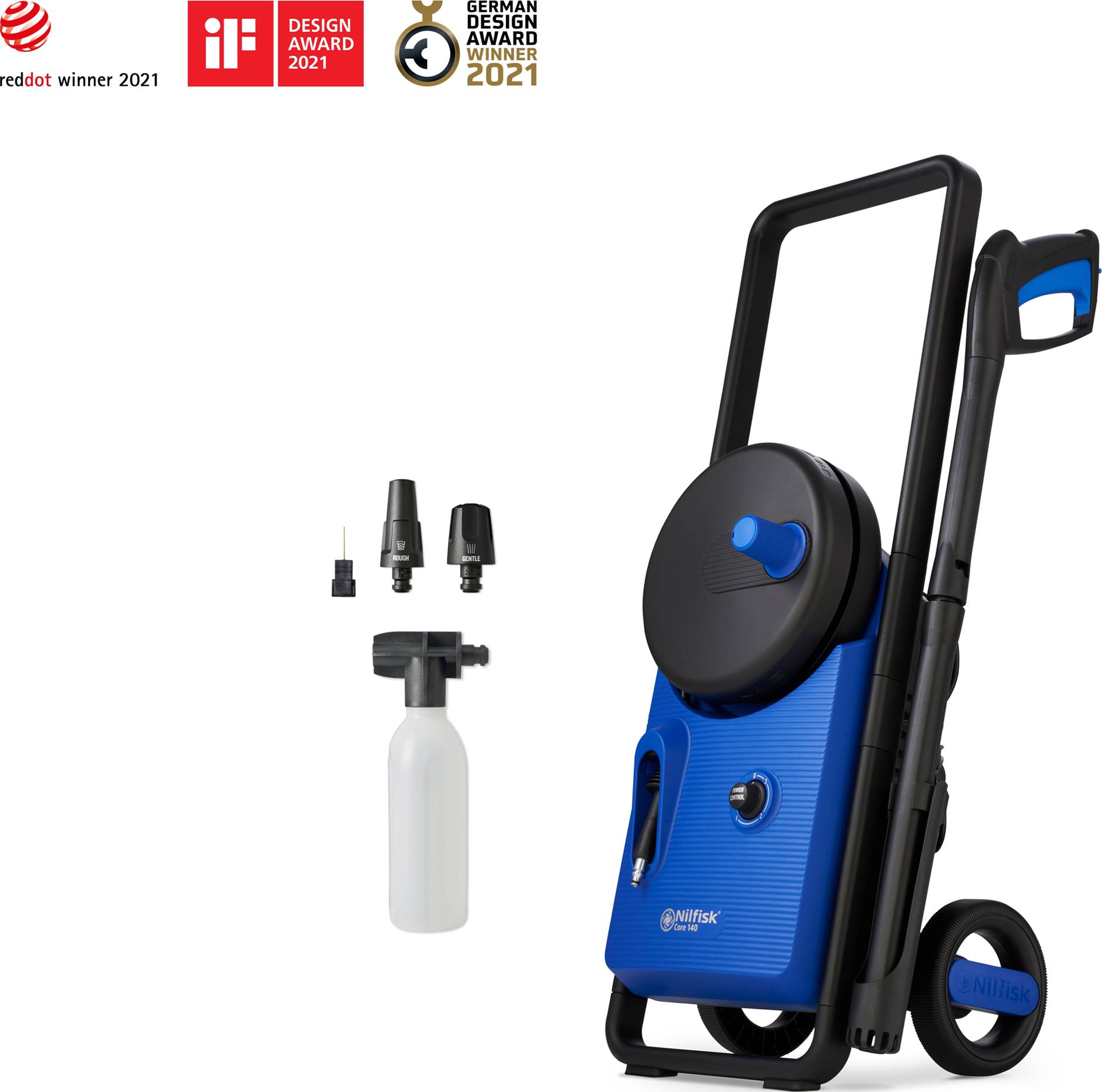 Hochdruckreiniger in Blau und Schwarz mit Zubehör, ausgezeichnet mit Red Dot, iF Design und German Design Award 2021.