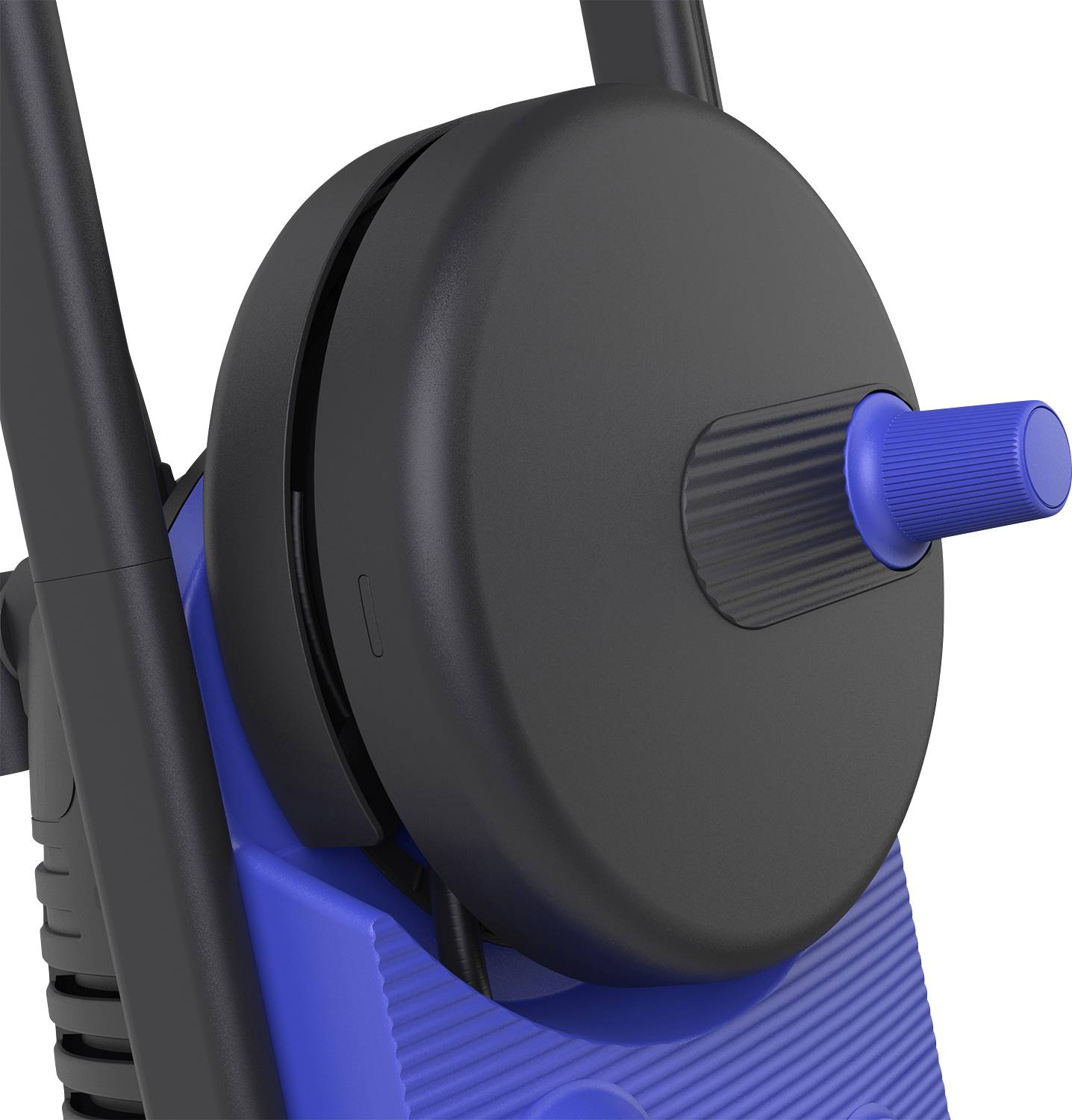 Nahaufnahme eines blauen, runden Geräts an einem schwarzen Griff, das möglicherweise Teil eines Werkzeugs oder Maschinenmechanismus ist.