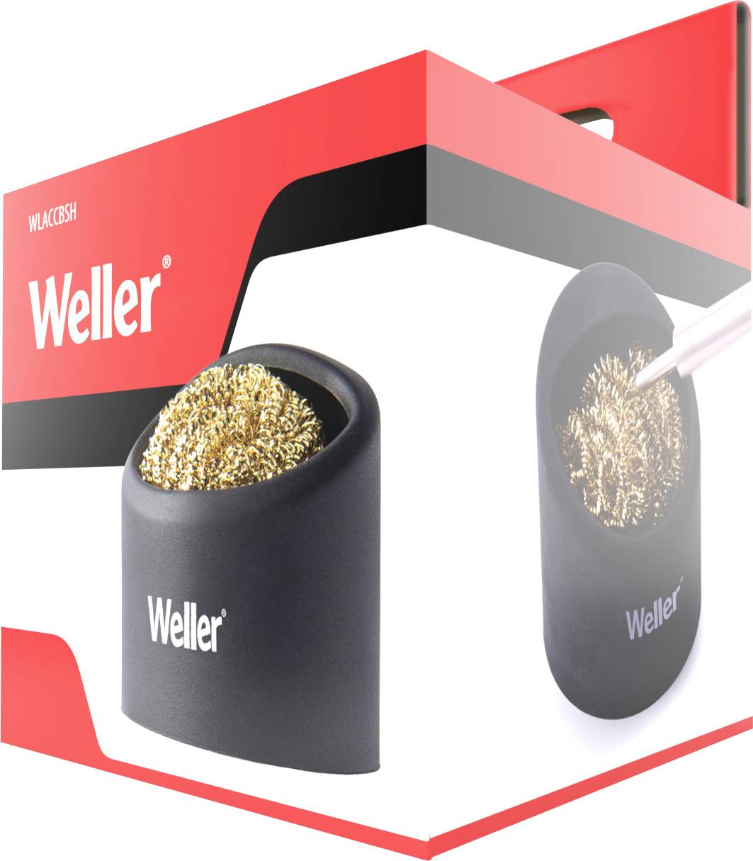Verpackung mit der Aufschrift 'Weller'. Sie zeigt einen Lötschwamm in einem Halter. Hauptfarben sind Rot, Schwarz und Gold.