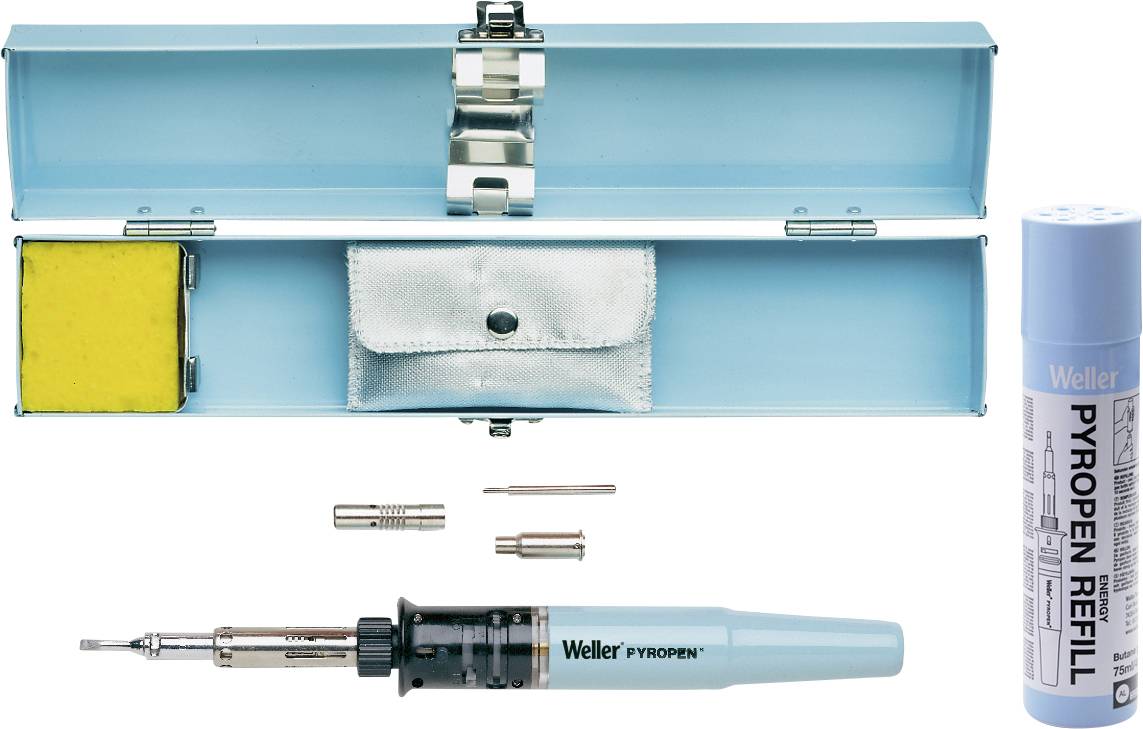 Ein tragbarer Lötbrenner von Weller im blauen Etui mit Zubehör und einer Nachfüllpackung. Ideal für Elektronikreparaturen.