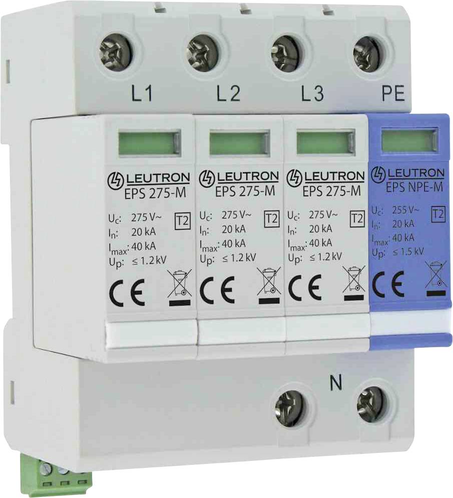 Überspannungsschutzgerät mit vier Modulen, bezeichnet L1, L2, L3, PE und N. Zwei Module sind weiß, eins blau. CE-Zeichen sichtbar.