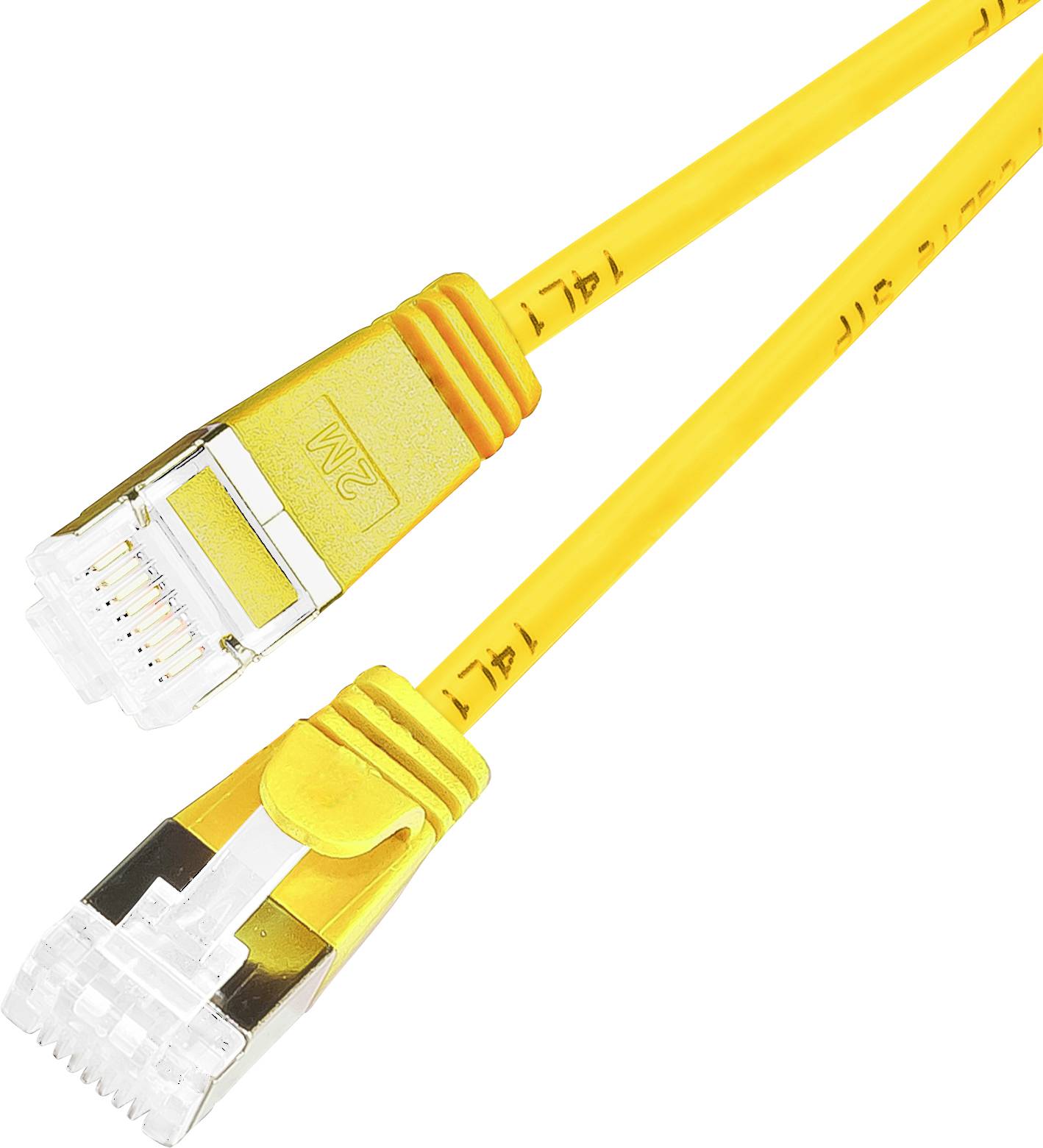 Gelbes Ethernet-Kabel mit RJ-45-Steckern, 2 Meter lang, für Netzwerkverbindungen.