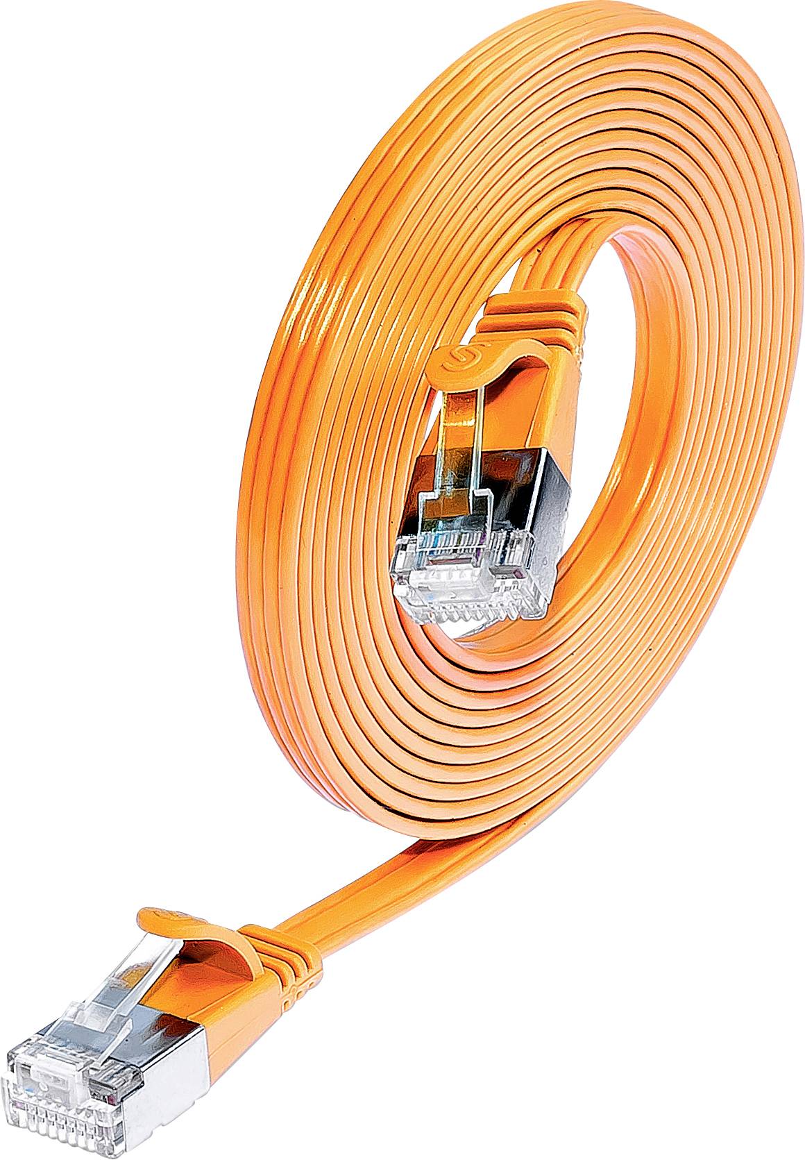 Ein flaches, orangefarbenes Ethernet-Kabel mit RJ-45-Steckern.