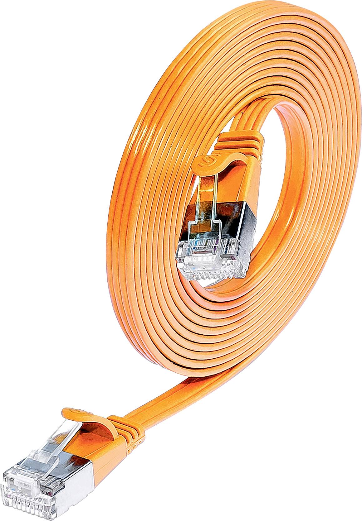 Ein orangefarbenes, flaches Ethernet-Kabel mit RJ45-Steckern, aufgerollt und bereit zum Anschluss an Netzwerkgeräte.