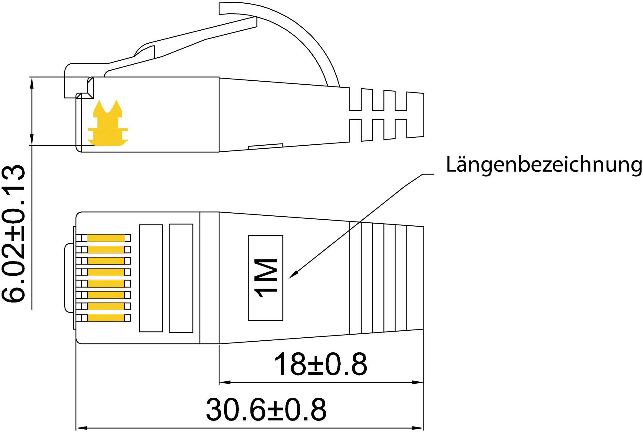 Abbildung eines RJ45-Steckers mit Maßangaben: Breite 6,02 ± 0,13 mm, Länge 30,6 ± 0,8 mm. Seitliche Beschriftung, die die Kabellänge angibt.