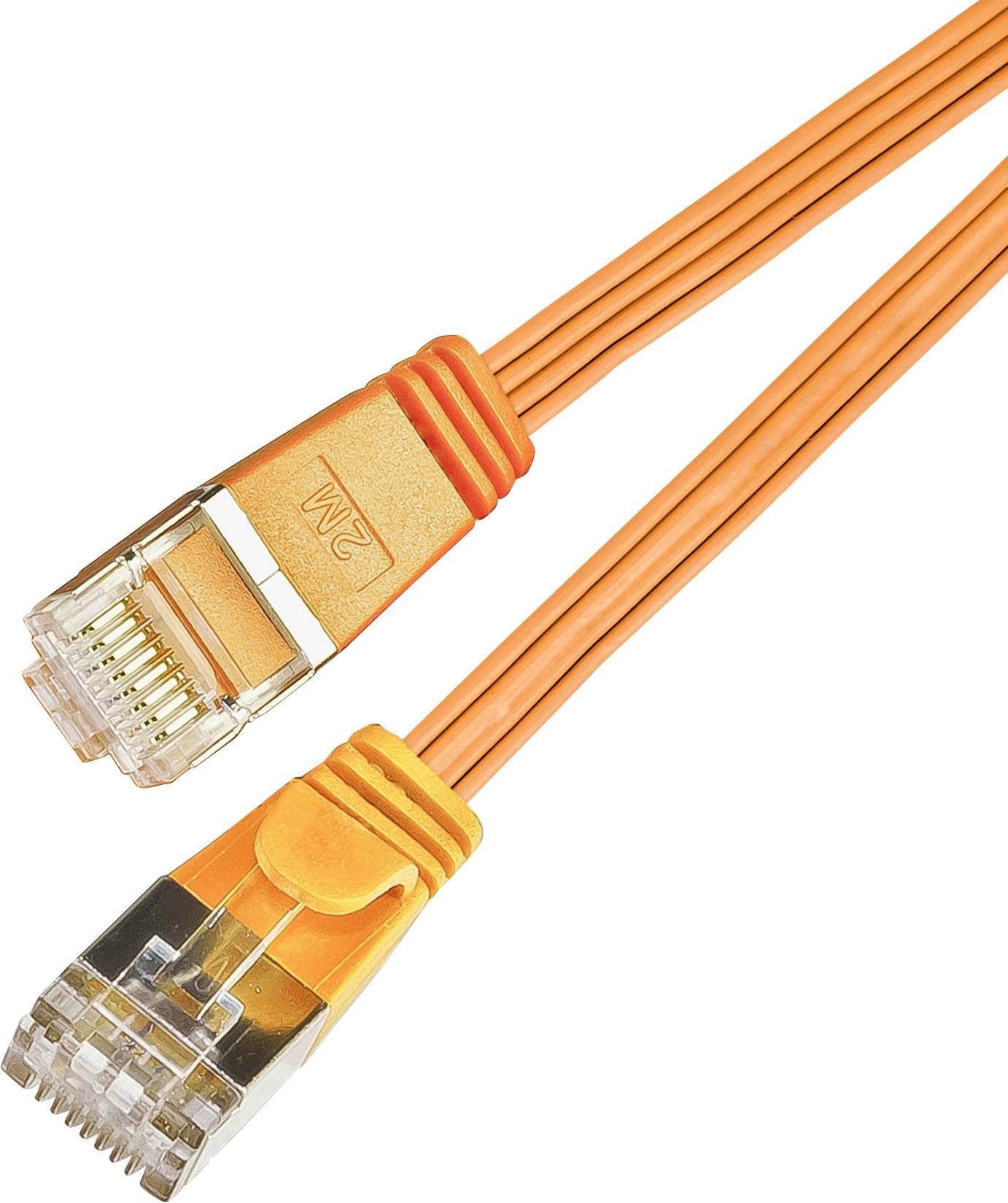 Ein orangefarbenes Ethernet-Kabel mit zwei RJ-45-Steckern, 2 Meter lang.