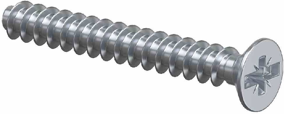 Ein silberfarbener, metallischer Kreuzschlitzschraube mit Vollgewinde und flachem Kopf, schwebend auf weißem Hintergrund.