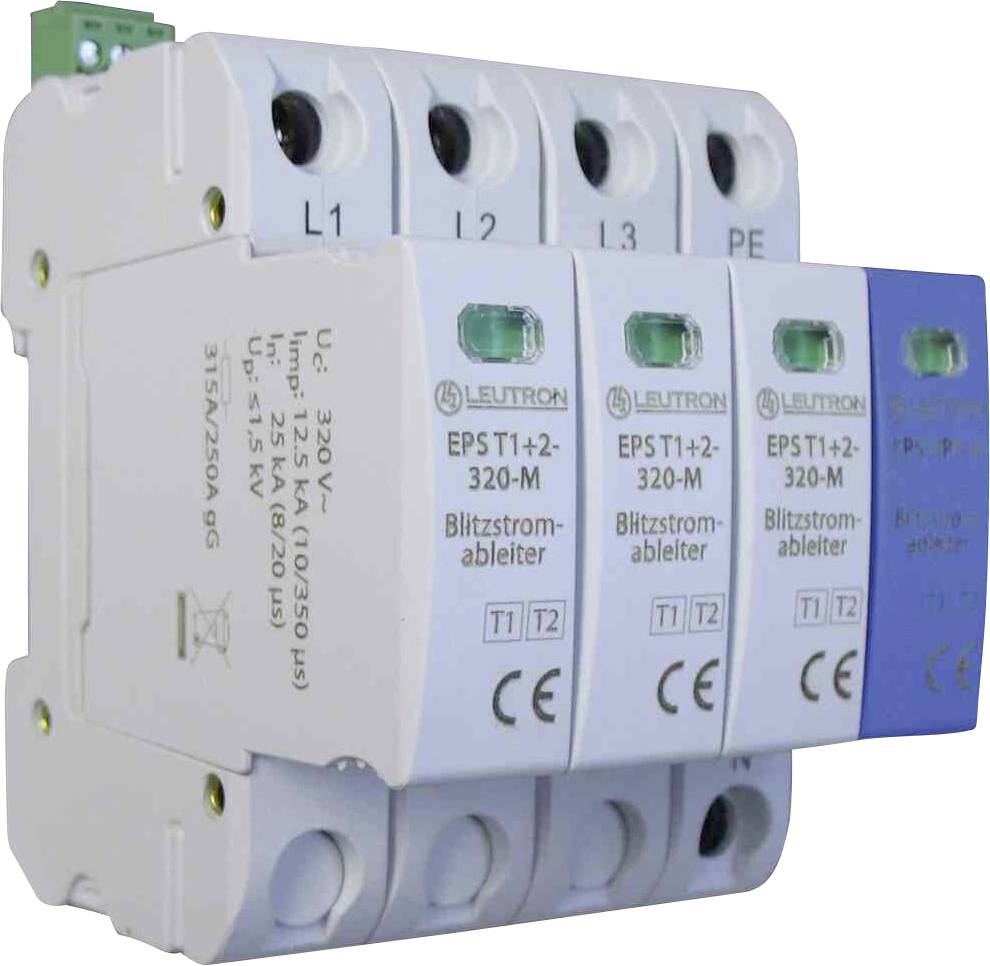 Ein Überspannungsschutzgerät mit vier Anschlüssen, gekennzeichnet mit 'L1', 'L2', 'L3', und 'PE'. Hauptsächlich für elektrische Systeme verwendet.