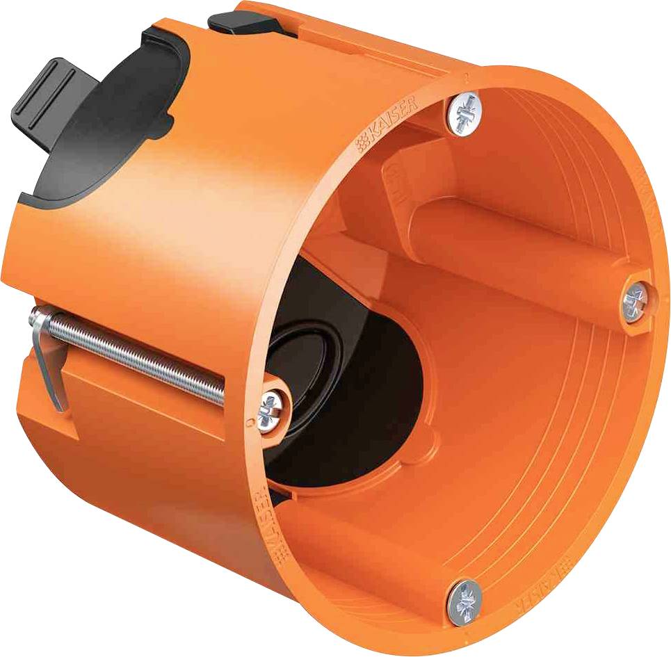Eine orangefarbene Gerätedose, zylindrisch geformt, mit Öffnungen an den Seiten und Schrauben zur Befestigung.