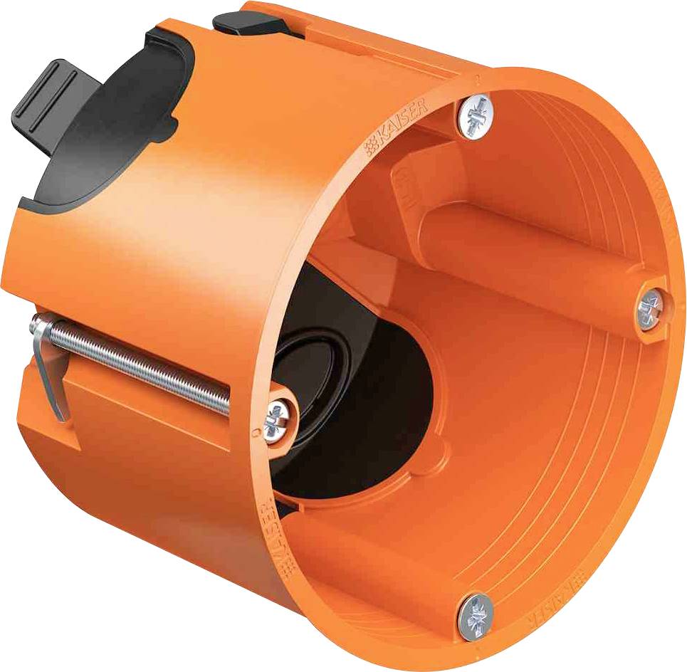 Orange, runde Unterputzdose mit Schrauben und einer schwarzen Halterung. Sie ist für die Installation in der Wand vorgesehen.