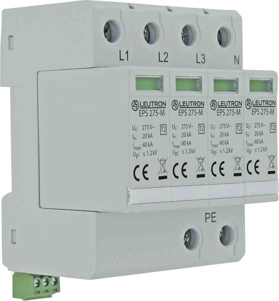 Überspannungsschutzgerät mit vier Modulen, beschriftet mit 'L1', 'L2', 'L3', 'N', und 'PE' für Schutz elektrischer Systeme.