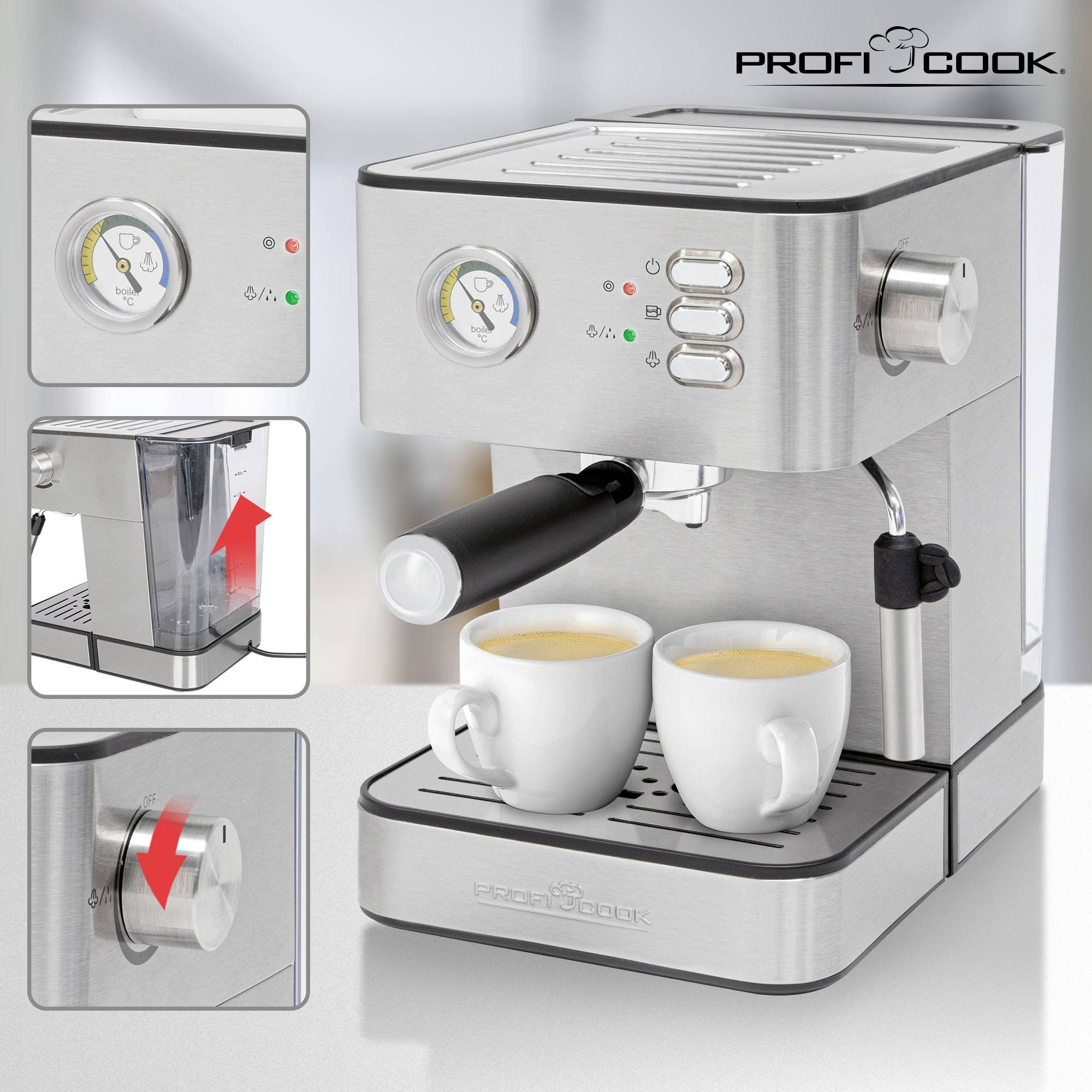 Profi Cook PC-ES 1209 Espressomaschine mit Siebträger Edelstahl 850W