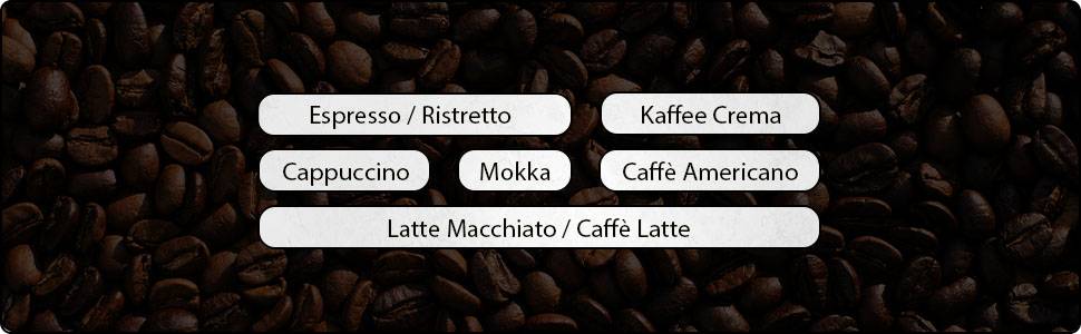 Kaffeebohnen im Hintergrund mit Text: 'Espresso/Ristretto', 'Kaffee Crema', 'Cappuccino', 'Mokka', 'Caffè Americano', 'Latte Macchiato/Caffè Latte'.