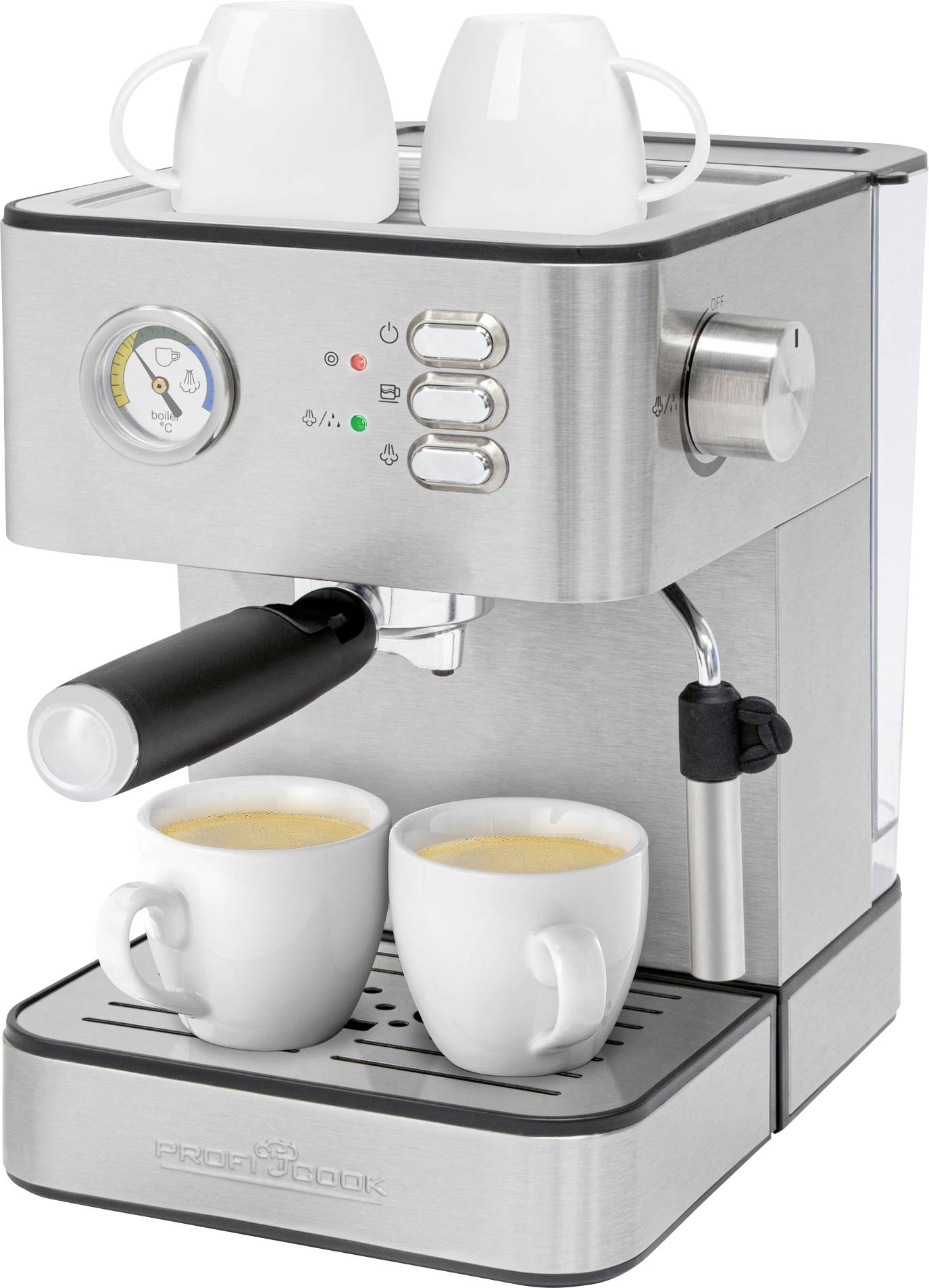 Silberne Espressomaschine mit zwei Tassen Kaffee darunter und zwei leeren Tassen oben. Enthält Knöpfe und ein Manometer.