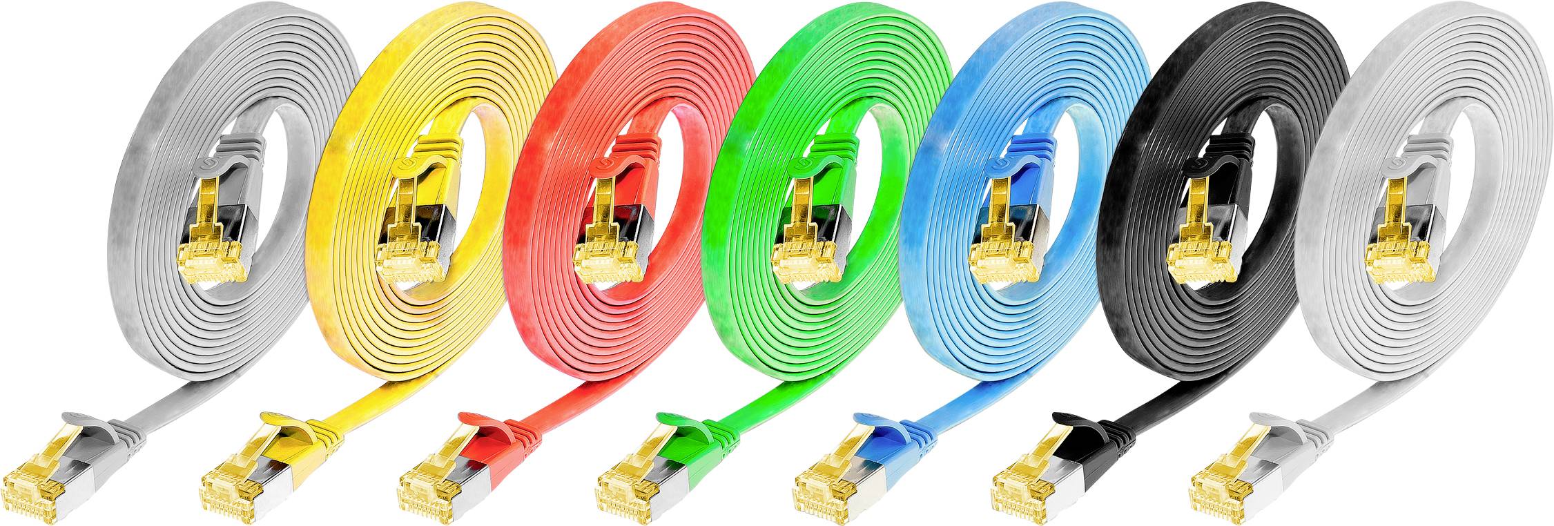 Mehrere flache Ethernet-Kabel in verschiedenen Farben (grau, gelb, rot, grün, blau, schwarz), nebeneinander liegend.
