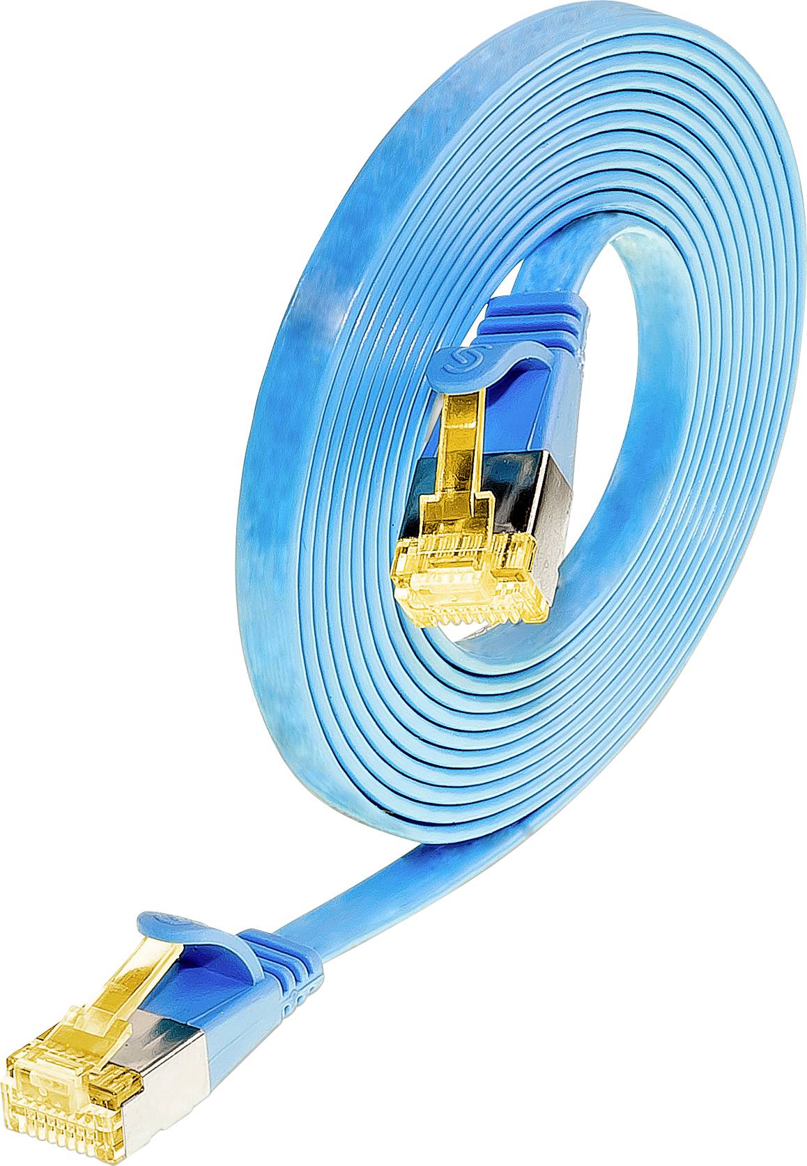 Ein flaches, blaues Ethernet-Kabel mit goldenen Steckern.