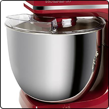 Rote Küchenmaschine mit silberner Rührschüssel aus Metall und transparentem Spritzschutz, geeignet zum Rühren und Kneten von Teig.
