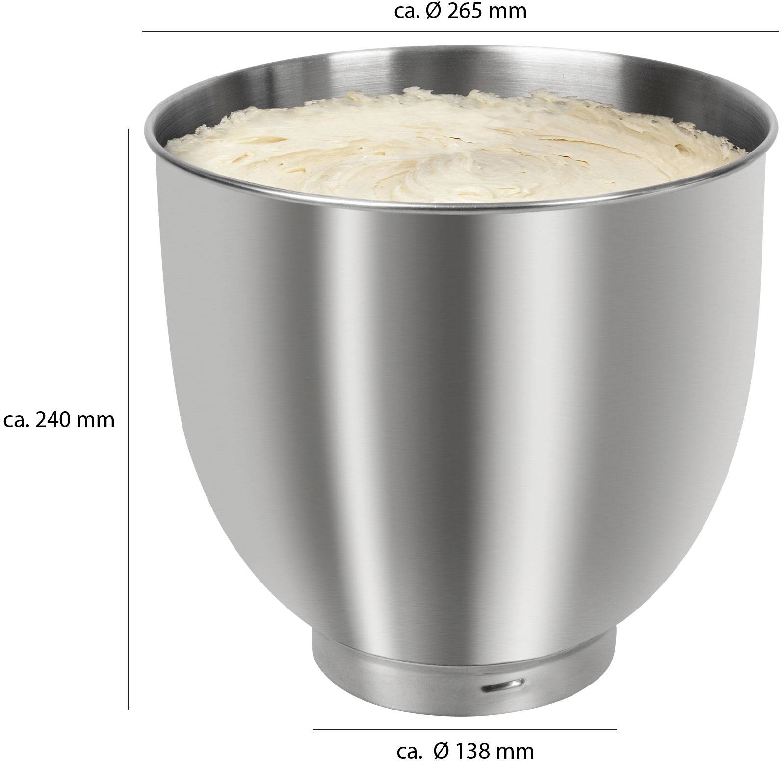Eine große, silberne Rührschüssel mit einem Durchmesser von 265 mm und einer Höhe von 240 mm, gefüllt mit cremiger Masse.