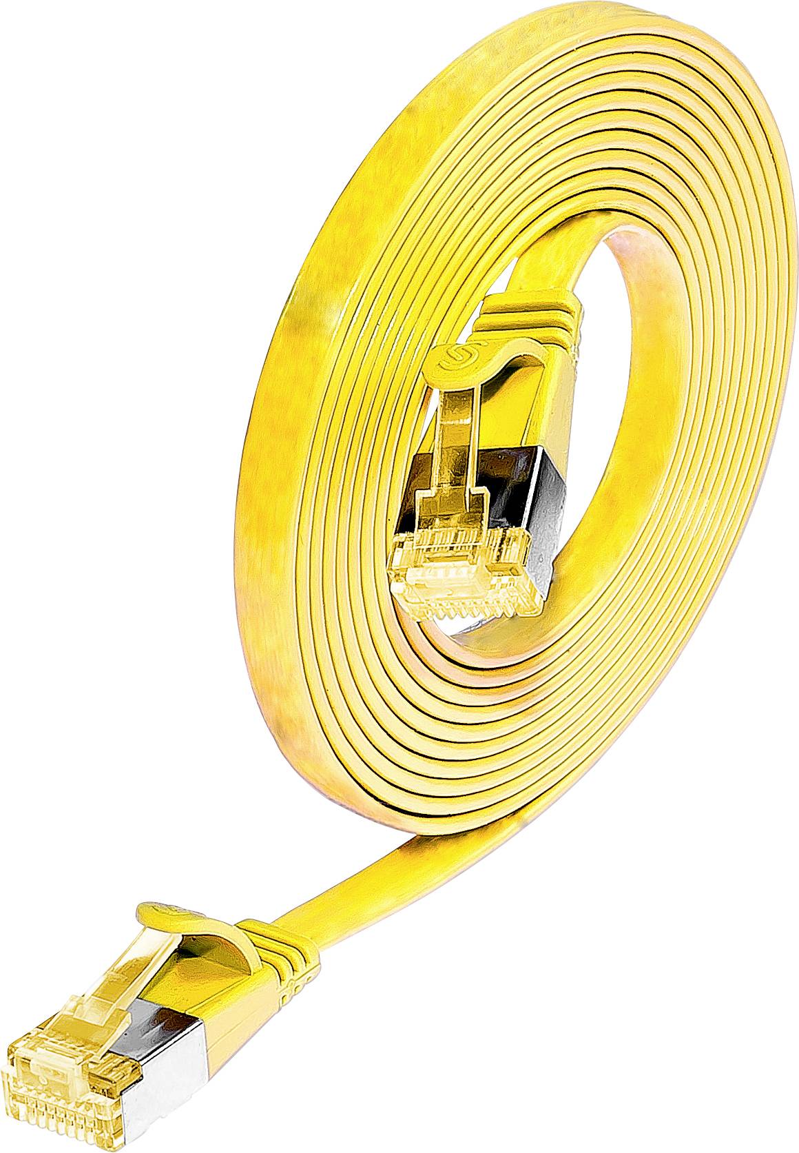 Flaches, gelbes Ethernet-Kabel, aufgerollt dargestellt, mit zwei RJ45-Steckern an den Enden. Geeignet für Netzwerkinstallationen.
