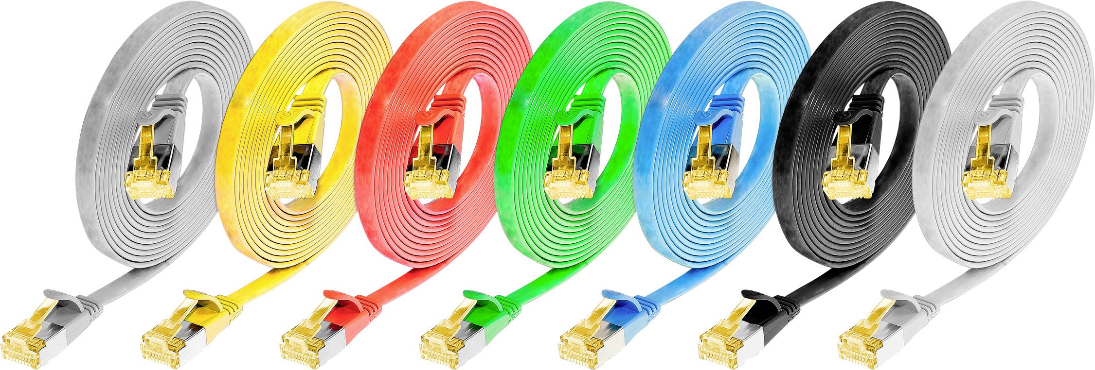 Sieben flache Ethernet-Kabel in verschiedenen Farben (Grau, Gelb, Rot, Grün, Blau, Schwarz, Weiß) nebeneinander angeordnet.