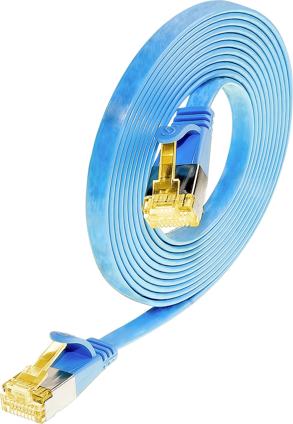 Ein blaues, flaches Ethernet-Kabel mit goldenen Steckern, aufgerollt zu einer Scheibe.