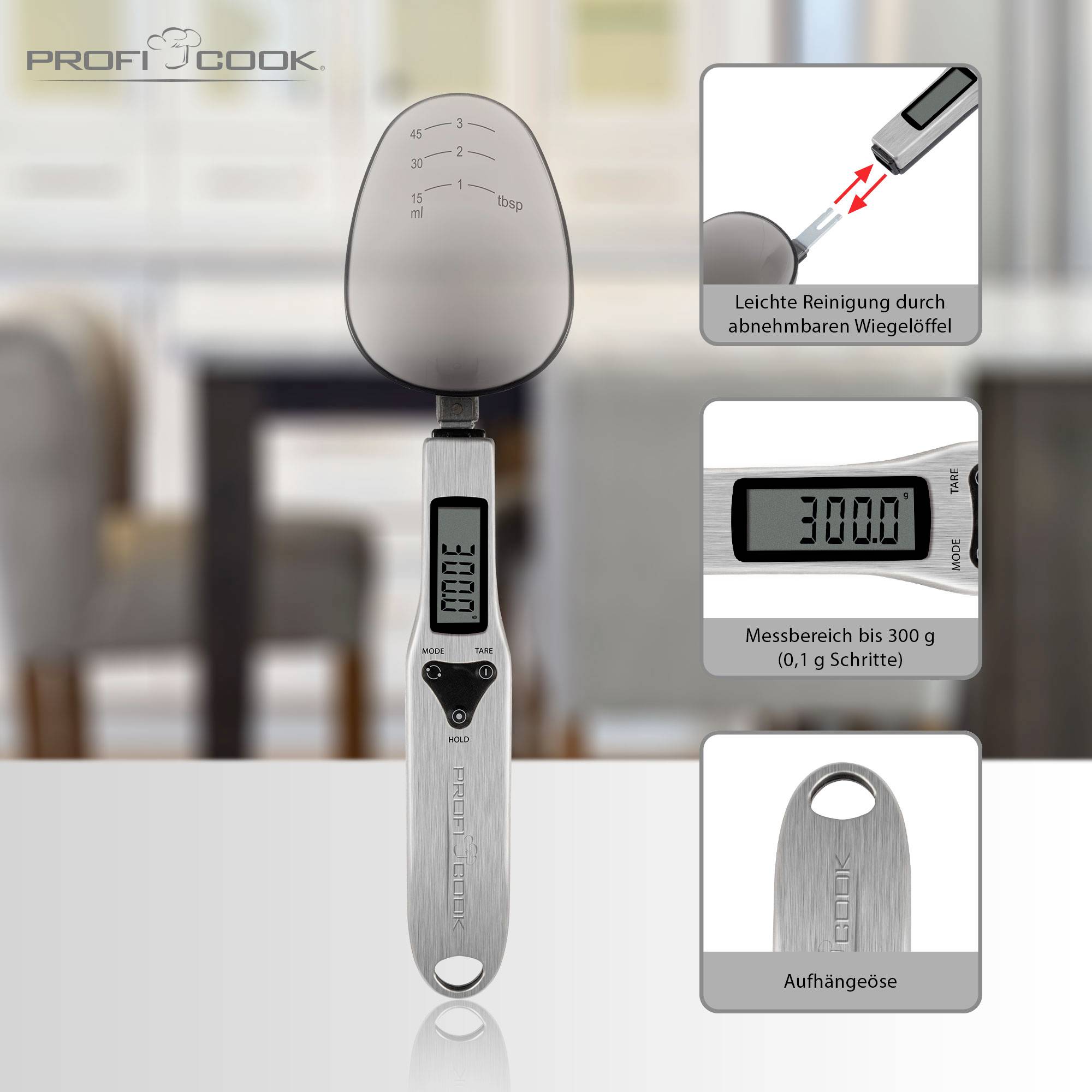 Löffelwaage mit digitalem Display zeigt '300.0 g'. Funktionen: Ein/Aus, Moduswechsel, Nullstellung. Geeignet für präzises Wiegen.