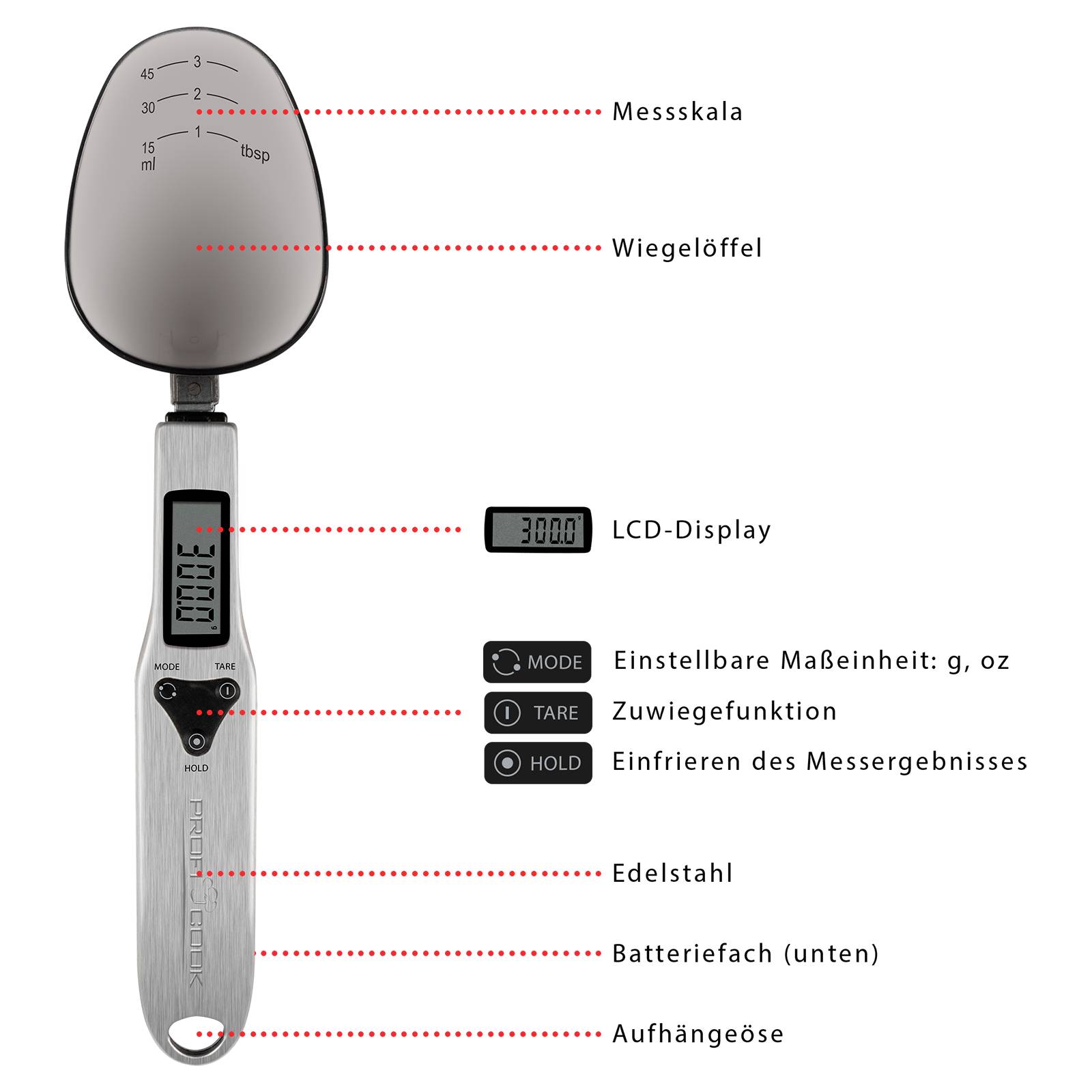 Edelstahl-Wiegelöffel mit LCD-Display. Zeigt Gewicht in g oder oz an. Funktionen: Tara, Hold. Messskala an der Löffelschale.