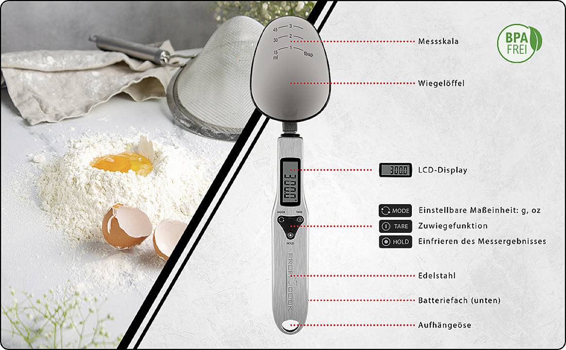 Elektronischer Wiegelöffel mit LCD-Display und Messskala. Funktionen: Gewicht, Tara, Hold. Geeignet für Zutatenmessung, BPA-frei.