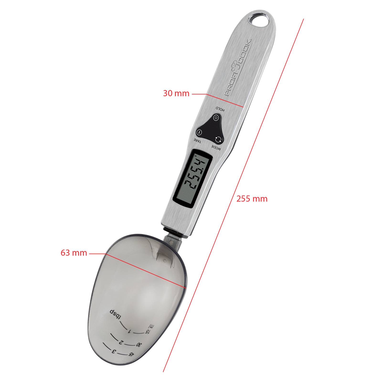Digitale Messlöffelwaage mit einem Löffel und Display, zeigt 25,54 Gramm an. Maße: Gesamtlänge 255 mm, Löffelbreite 63 mm, Griffbreite 30 mm.