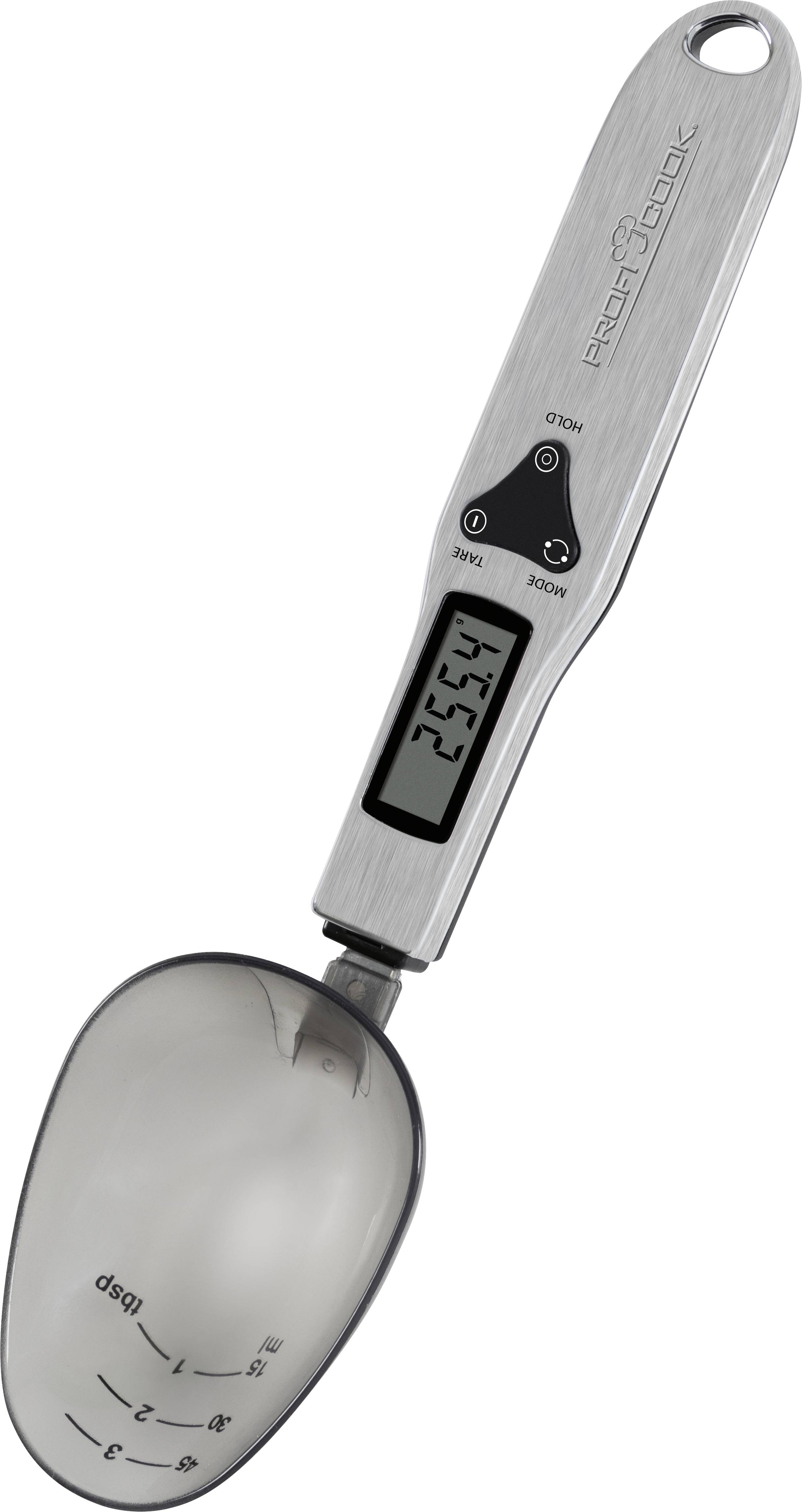 Digitale Messlöffelwaage mit Displayanzeige '25.4g', Tasten für 'On' und 'Tare', Edelstahl-Design, Skalenmarkierungen in Gramm.