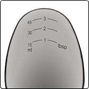 'Löffel mit Messanzeigen' zeigt Maße von 15, 30, 45 ml sowie 1, 2, 3 EL an. Nutzbar für genaue Messungen in Küche.