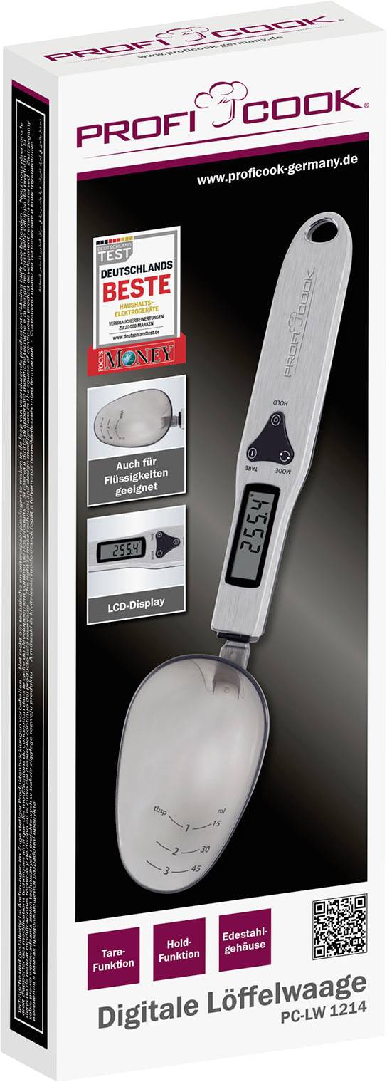 Digitale Löffelwaage 'PROFI COOK' mit LCD-Display und Tara-Funktion. Ideal zur genauen Messung von Zutaten. Verpackungsabbildung.