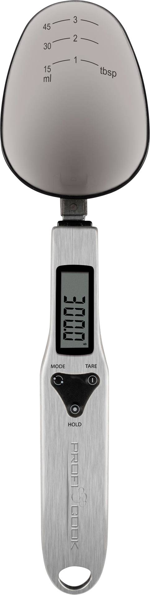Ein digitaler Messlöffel mit integriertem Display zeigt '300g'. Oben auf der Löffeloberfläche sind Maßeinheiten in ml und tbsp aufgedruckt.