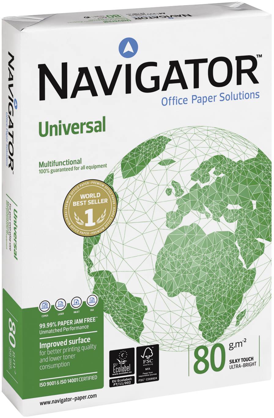 Papierschachtel 'Navigator Universal 80 g/m²' mit Weltbestseller-Auszeichnung. Geeignet für alle Geräte, 500 Blatt pro Packung.