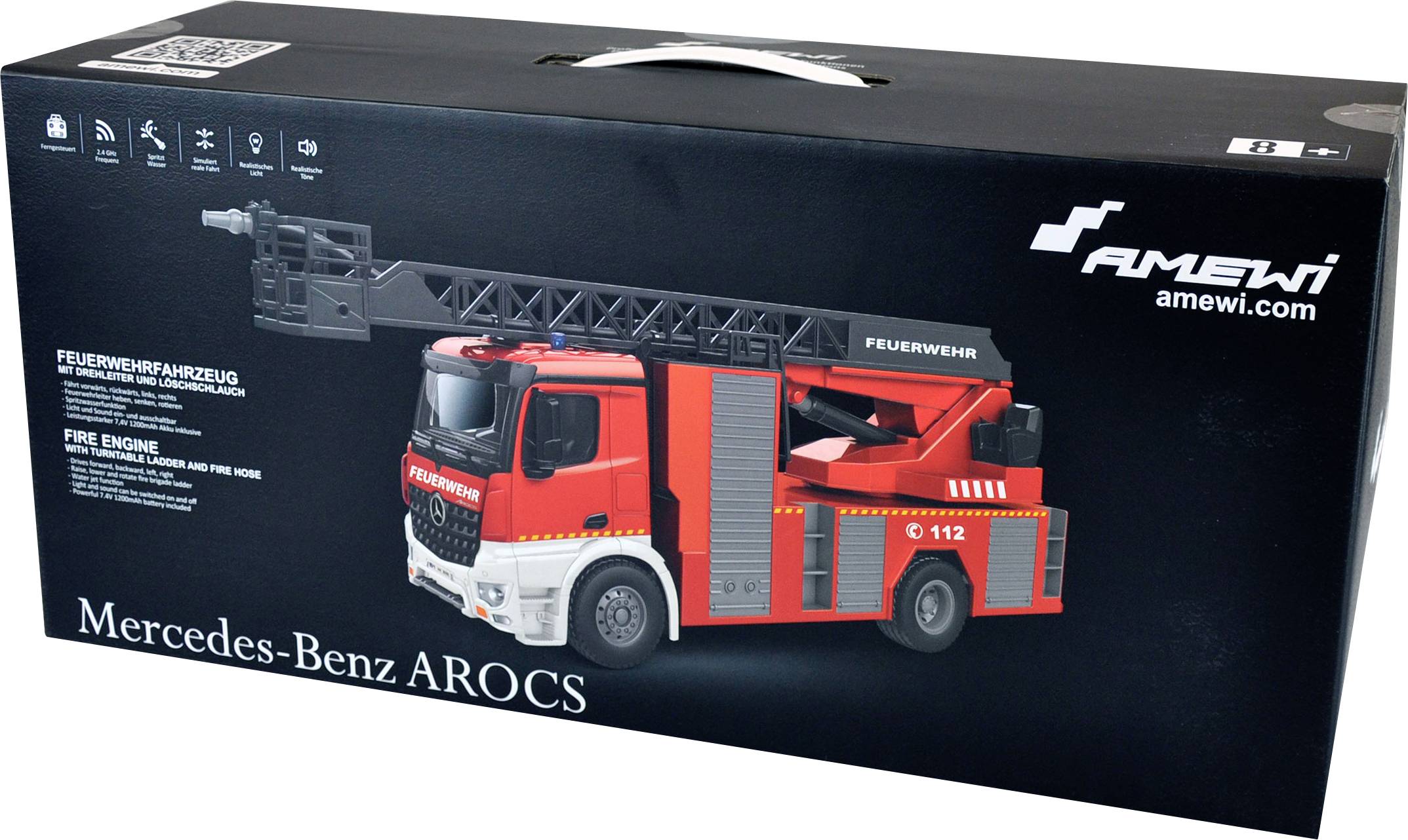Amewi 22502 Mercedes-Benz Feuerwehr-Drehleiterfahrzeug - Lizenzfahrzeug 1:18 RC Modell-LKW 100% RtR inkl. Akku und Ladekabel