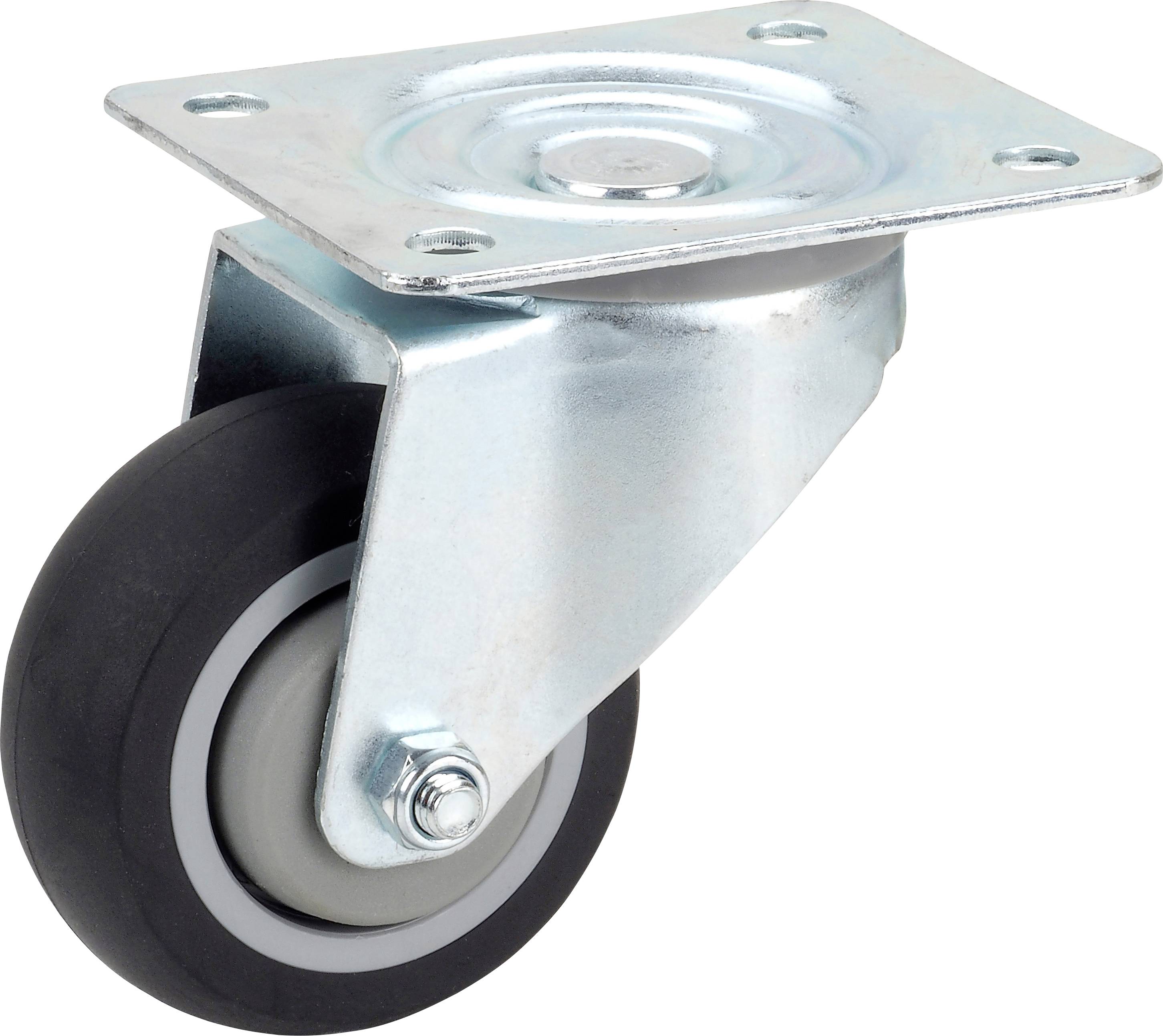 Schwenkrolle aus Metall mit schwarzem Rad, befestigt an einer quadratischen Platte. Geeignet für Möbel oder Transportgeräte.