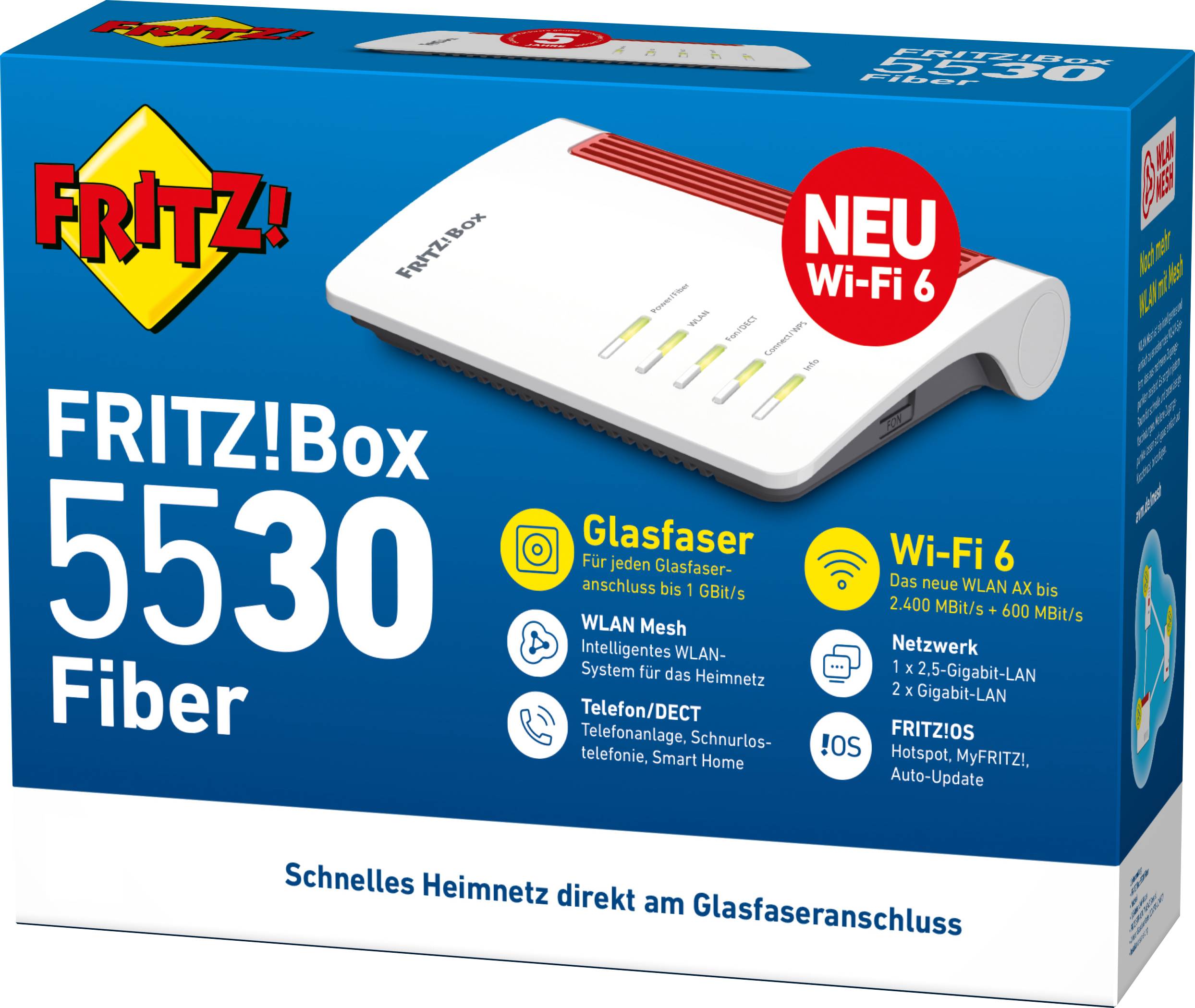 'FRITZ!Box 5530 Fiber', Glaserfaserrouter für Heimnetzwerke, unterstützt Wi-Fi 6, WLAN Mesh, Telefon/DECT. Ideal für Geschwindigkeiten bis 6 Gbit/s.