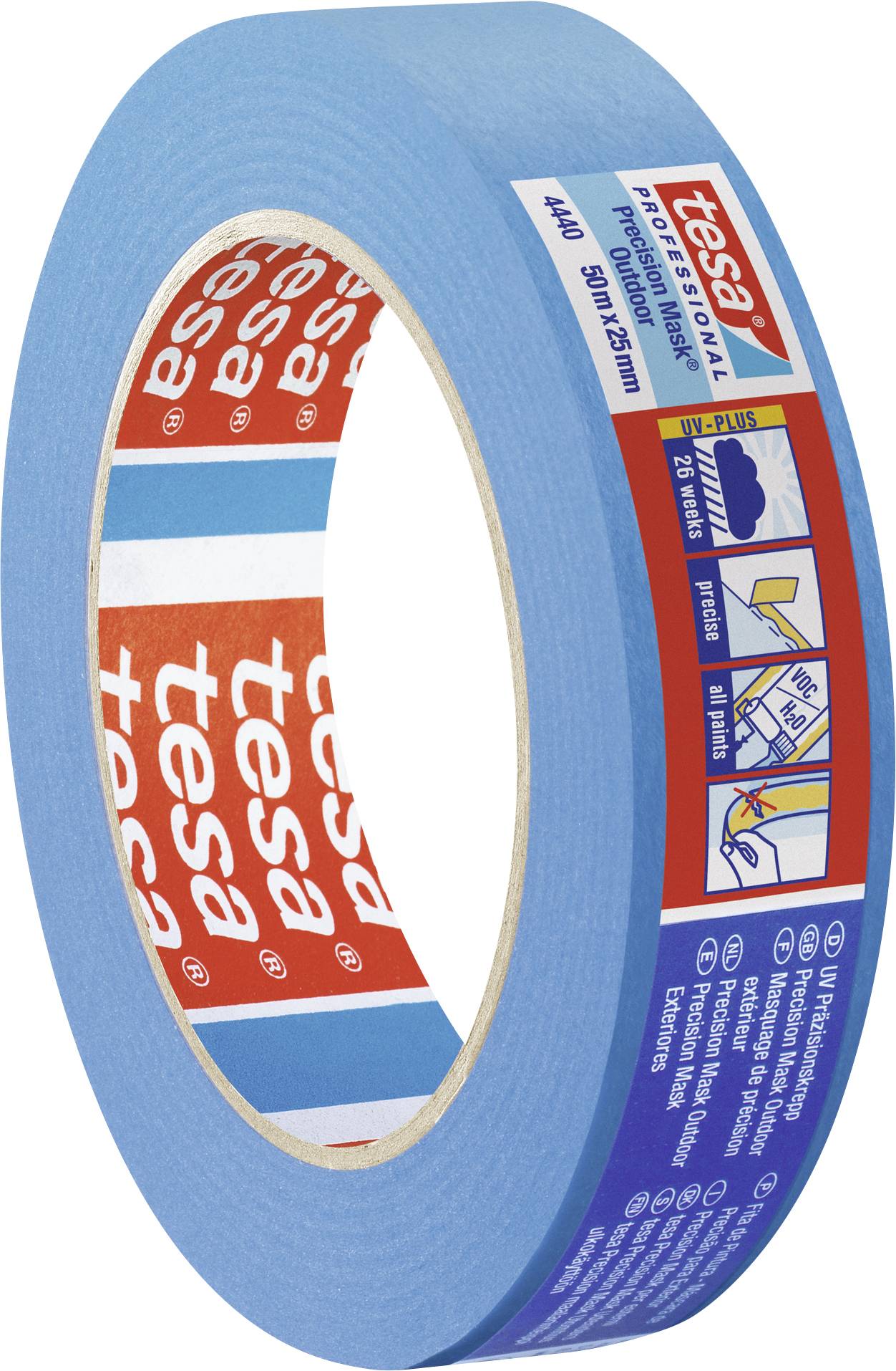 Blaues Klebeband der Marke 'tesa' mit rotem Logo auf dem Etikett. Text: 'Abdeckband für Profis, UV-beständig, 50m x 25mm'.