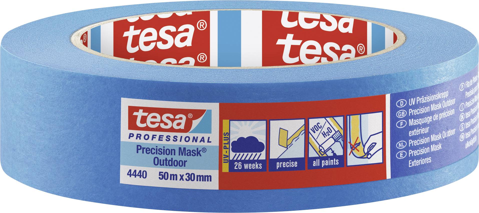 Blaue Malerabdeckbandrolle 'tesa Precision Mask Outdoor', 50 m Länge, 30 mm Breite, geeignet für präzises Arbeiten im Außenbereich.