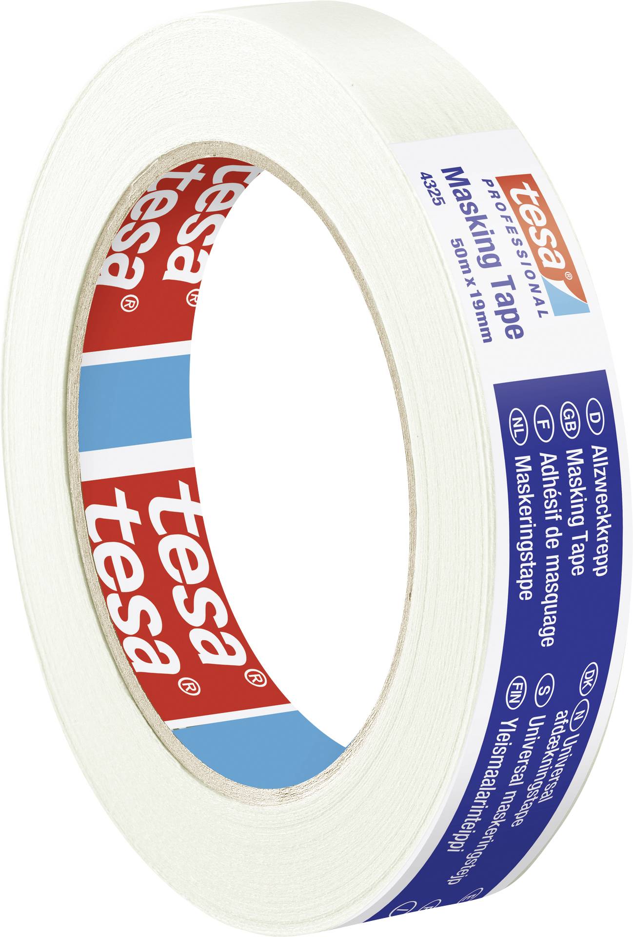 Klebebandrolle der Marke Tesa, beschrieben als 'Masking Tape' für professionellen Gebrauch, auf weißem Hintergrund.