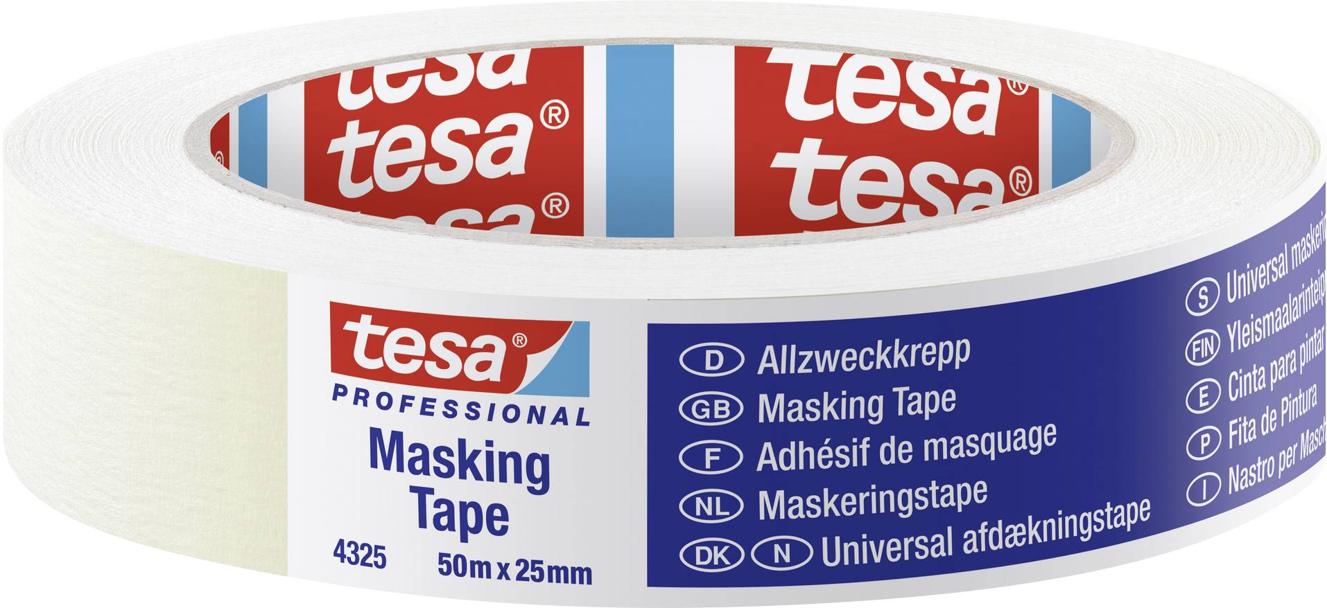 Masking Tape der Marke 'tesa', 50m x 25mm, geeignet für verschiedene Oberflächen. Verpackung zeigt Anwendungsdetails in mehreren Sprachen.
