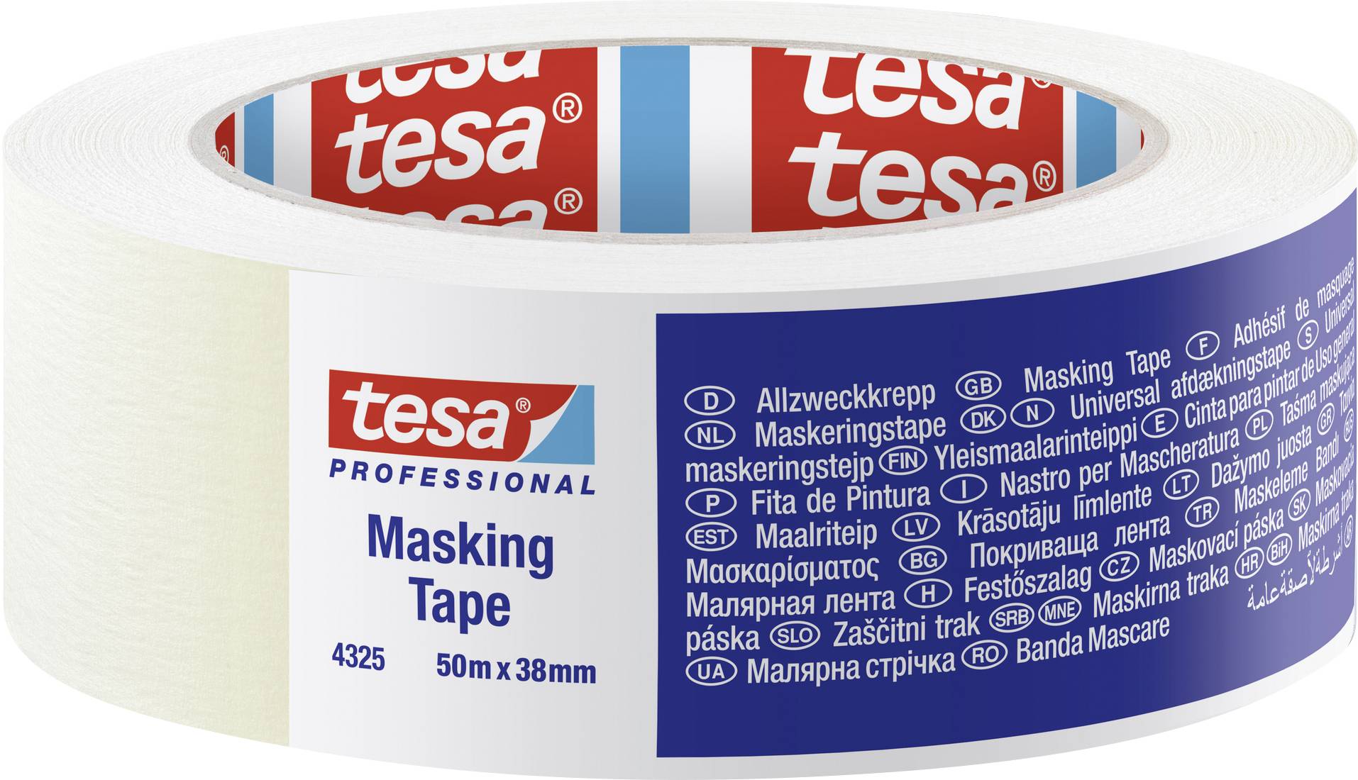 Klebebandrolle mit weißem Papier, blauem Etikett. Marke 'tesa', Länge 50 m, Breite 38 mm. Mehrsprachige Beschriftung 'Masking Tape'.