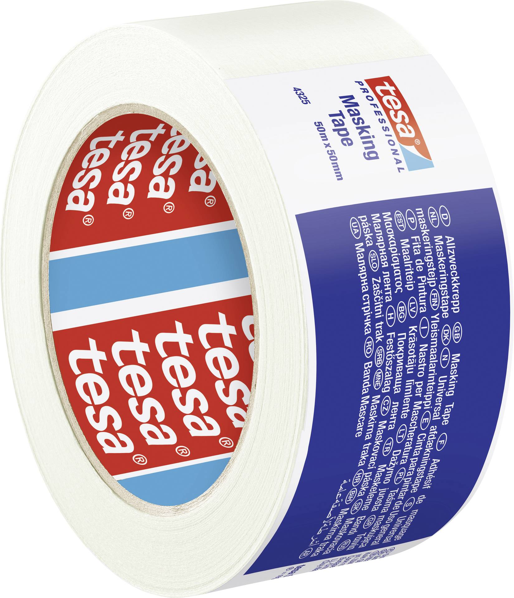 weiße Rolle Klebeband von 'tesa'. Verpackung mit blau-rotem Design, Produktnummer 04333, 50 mm x 50 m, geeignet für Malerarbeiten.