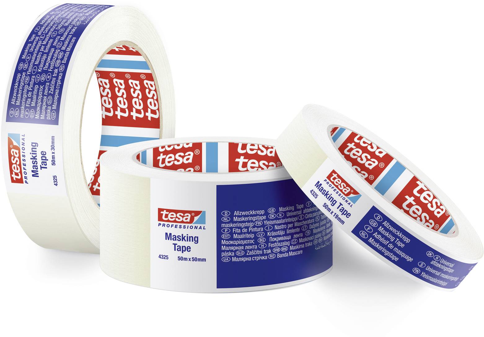 Drei Rollen Malerkreppband der Marke 'tesa', in verschiedenen Positionen. Die Etiketten zeigen verschiedene Sprachen.