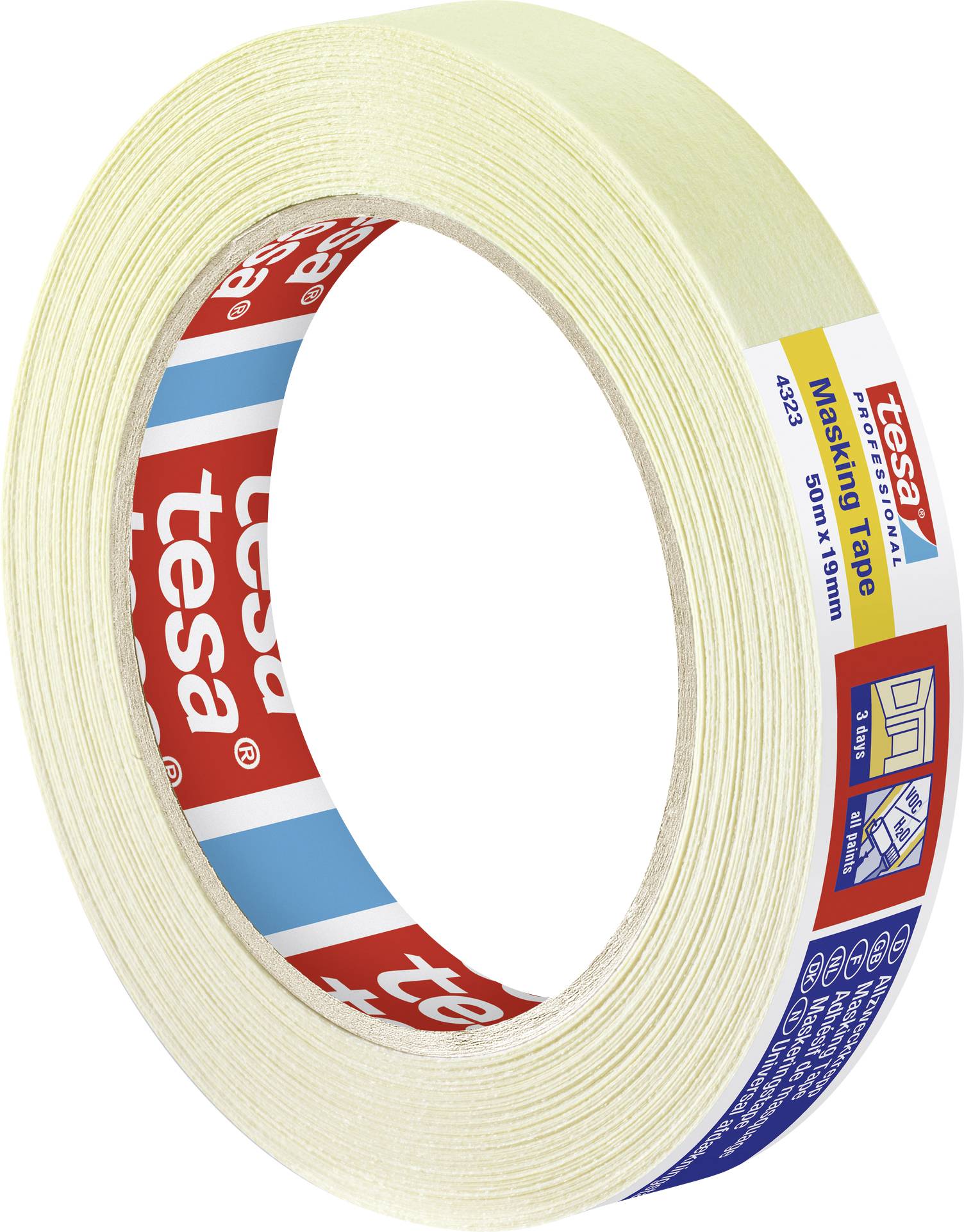 Klebebandrolle mit gelbbraunem Papier. Auf dem Etikett steht 'tesa', geeignet für Abdeckarbeiten.