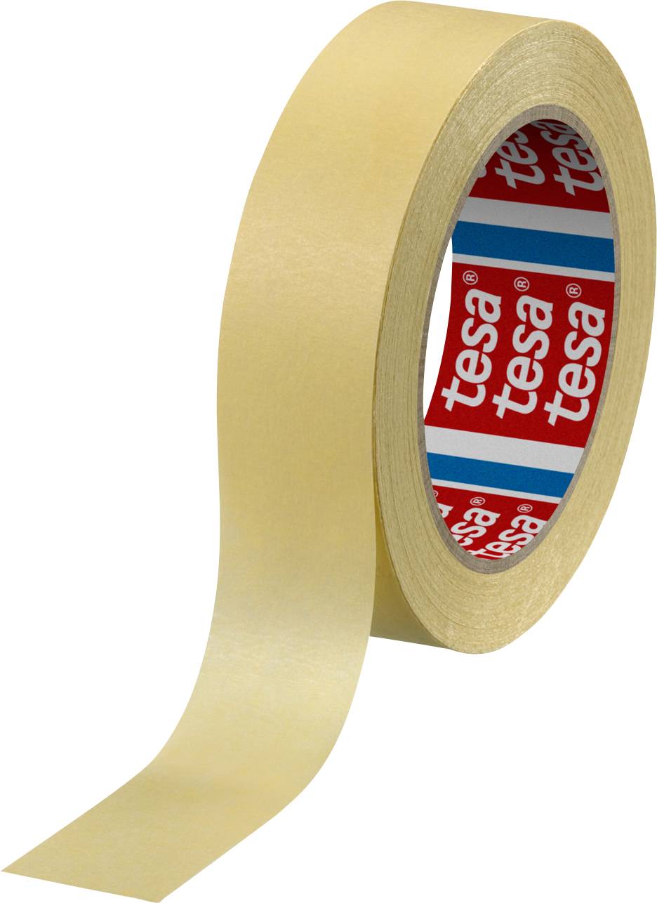 Eine Rolle beiges Klebeband von der Marke Tesa, teilweise abgerollt, vor weißem Hintergrund.