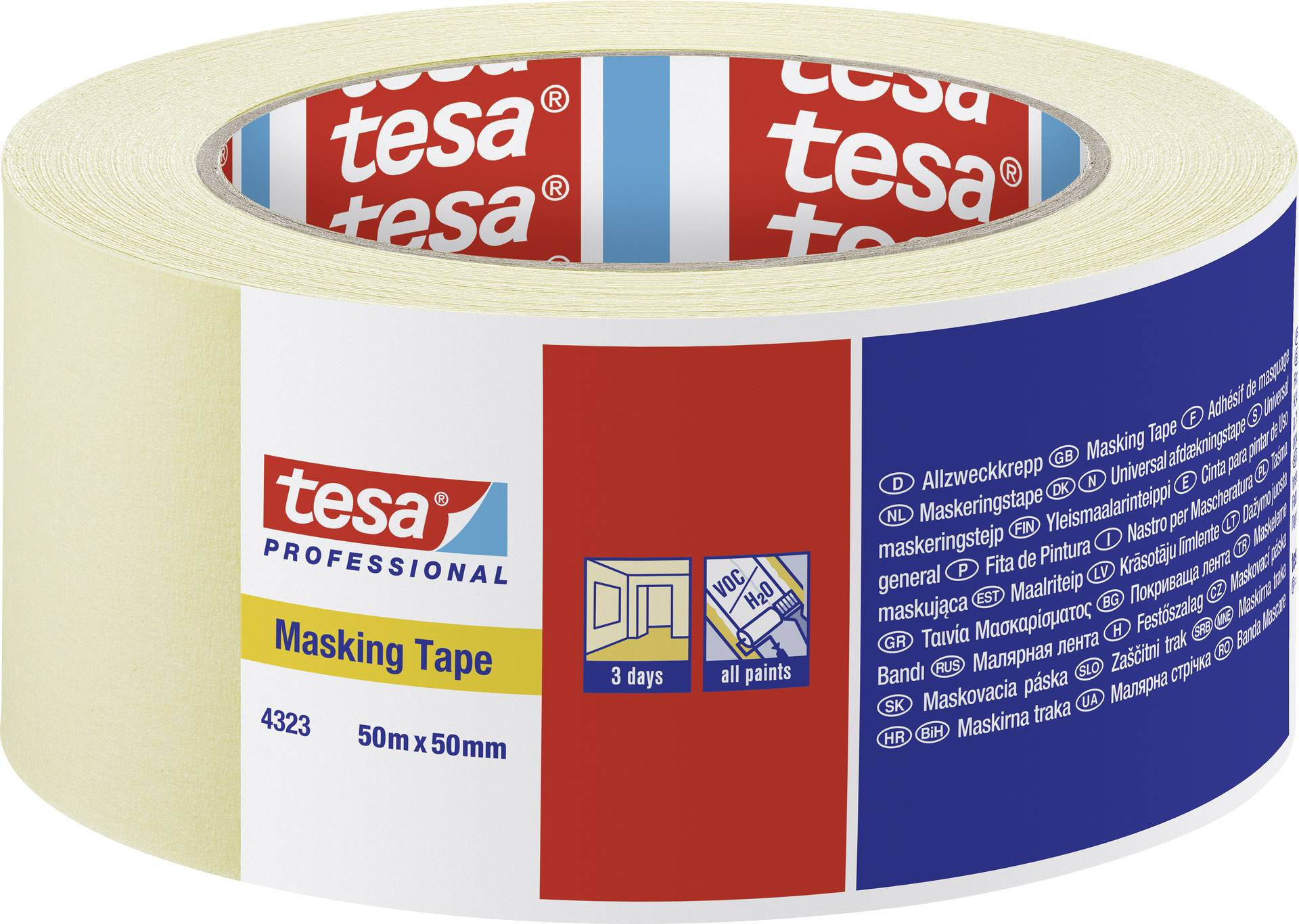 Eine Rolle beiges Malerkreppband der Marke 'tesa professional' mit den Maßen 50m x 50mm, ideal für Malerarbeiten.