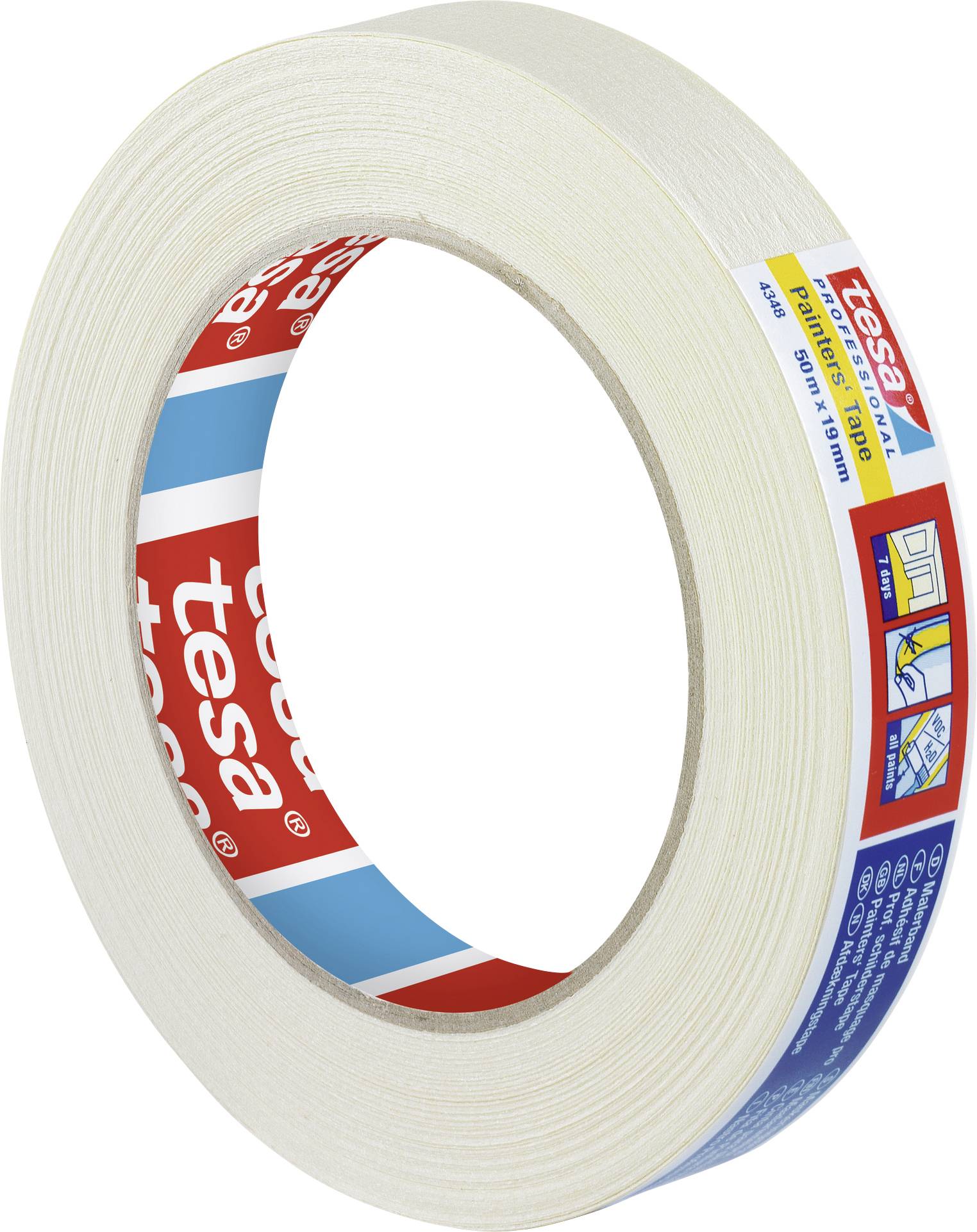 Klebebandrolle, Markenname 'tesa', beige-weiß, mit Verpackungsetikett. Geeignet zum Verkleben, Basteln und für Malerarbeiten.