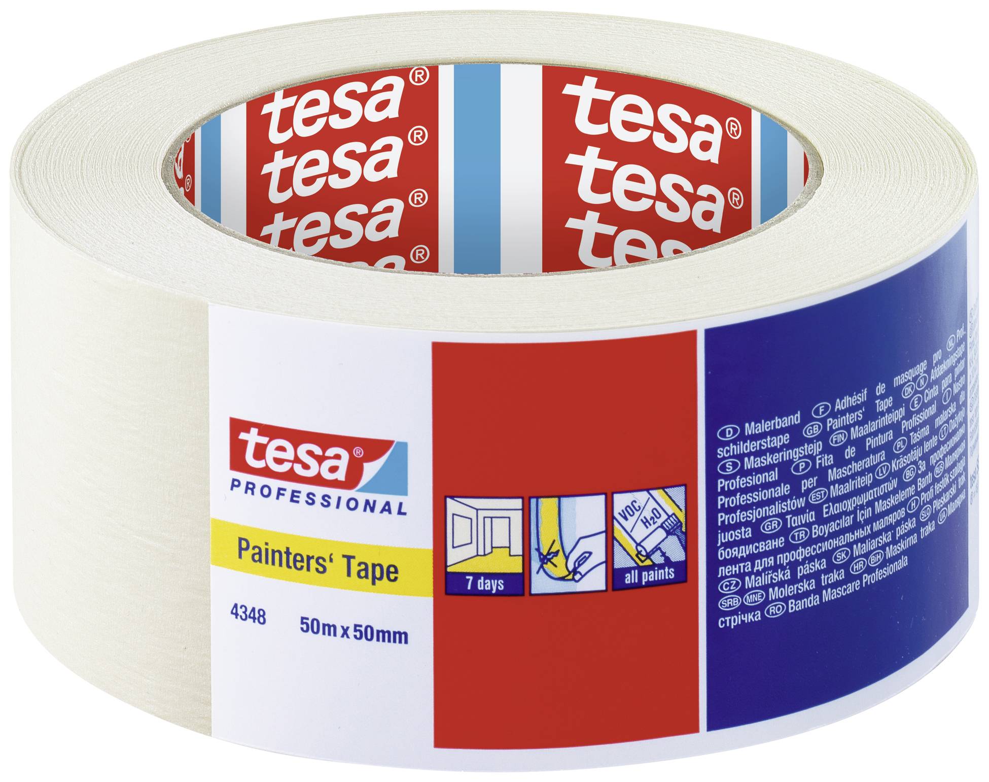 Ein weißes Abdeckband von tesa, geeignet für Malerarbeiten. Auf der Rolle sind Gebrauchsanweisungen und Markennamen zu sehen.
